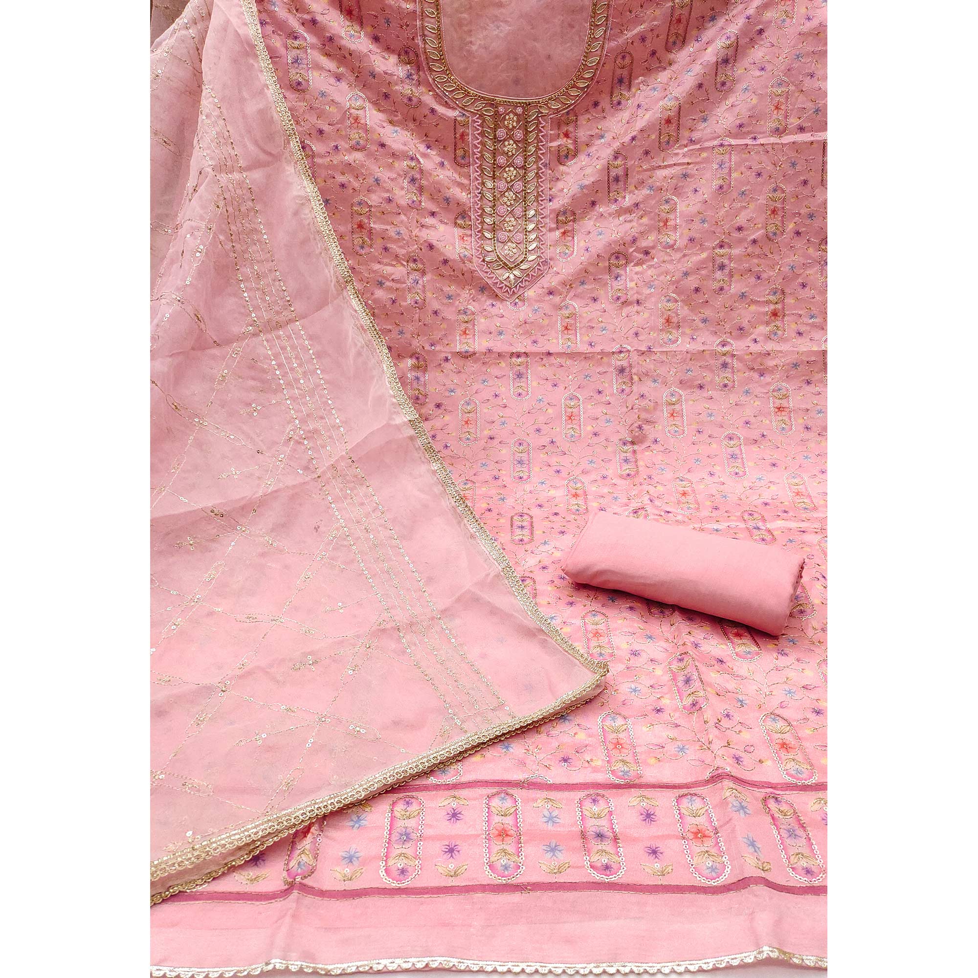 Pink Floral Sequins Embroidery With Handwork Viscose Dress Material - Image 4