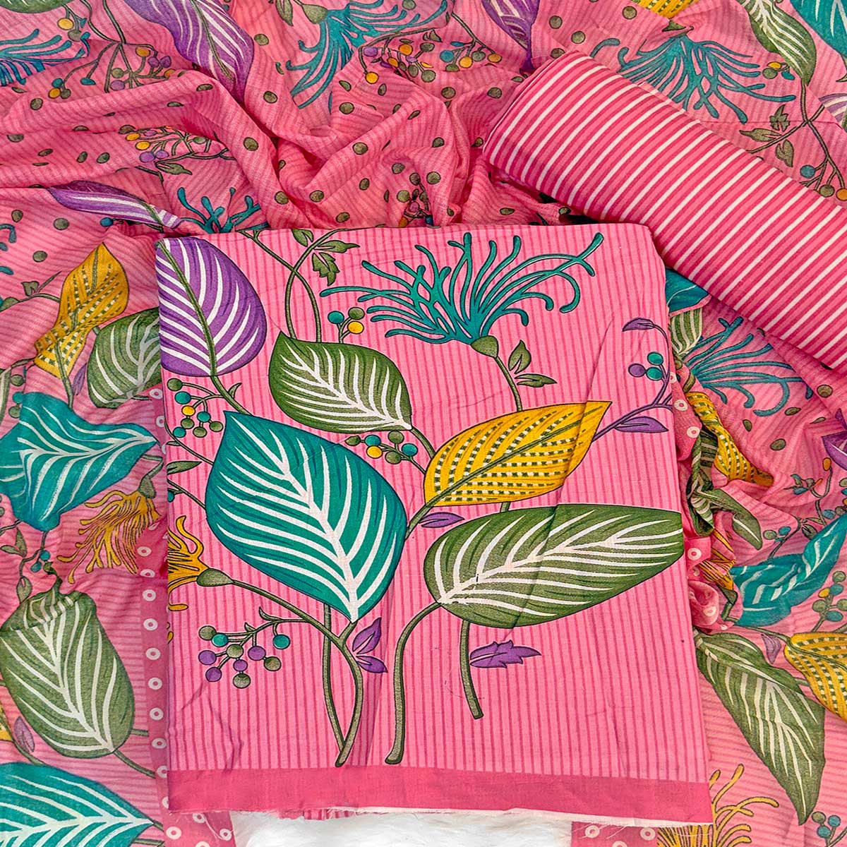 Pink Floral & Striped Printed Pure Cotton Dress Material With Elegant Detailing - Image 2