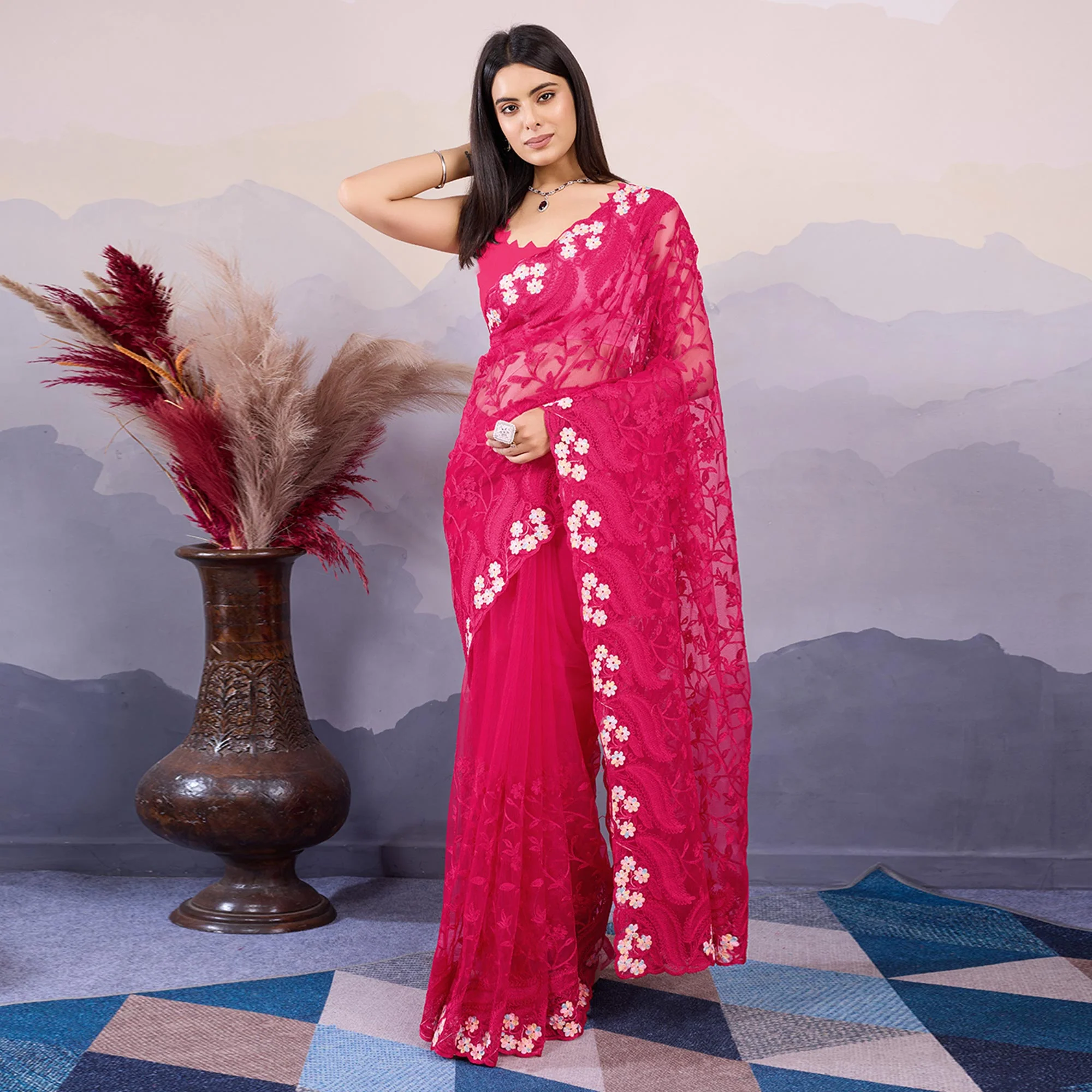 Pink Floral Thread Embroidered Net Saree - Image 2