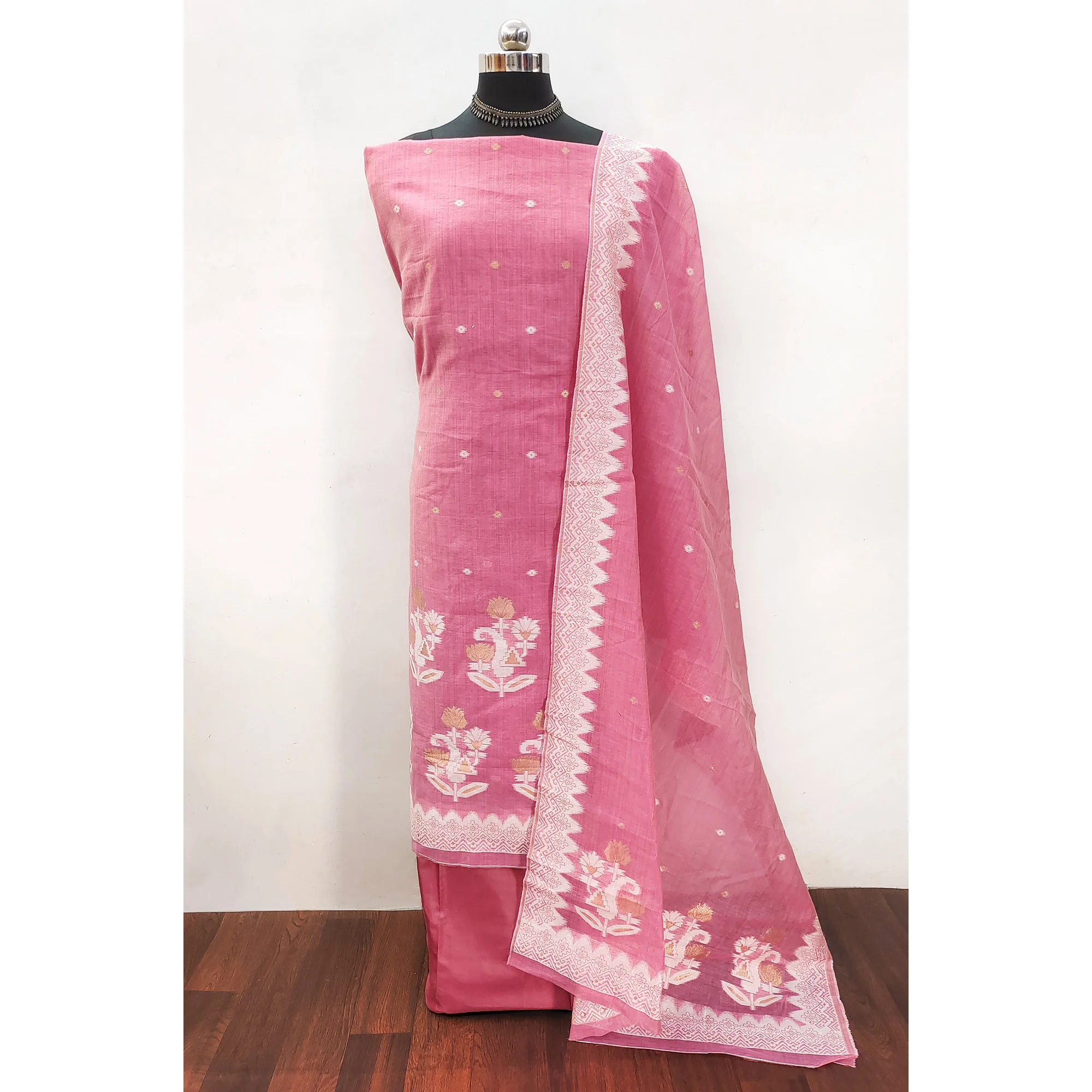 Pink Floral Woven Banarasi Silk Dress Material - Image 3