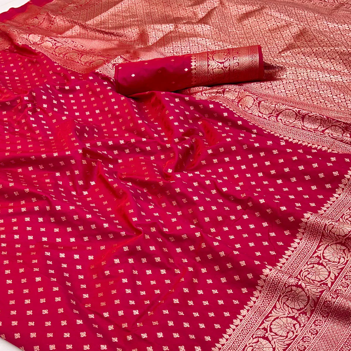 Pink Floral Woven Banarasi Silk Saree - Image 2