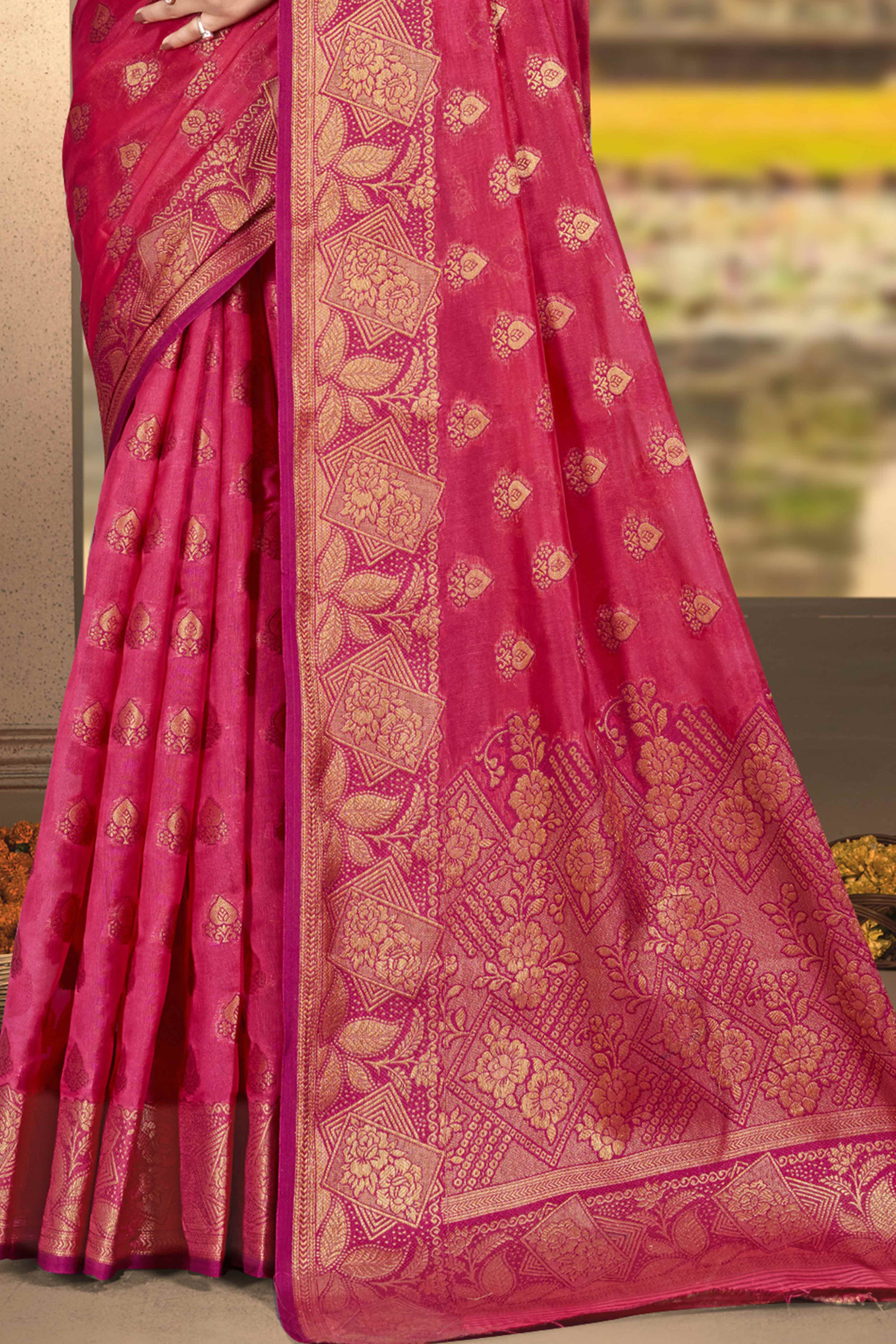 Pink Floral Woven Cotton Silk Saree - Image 4
