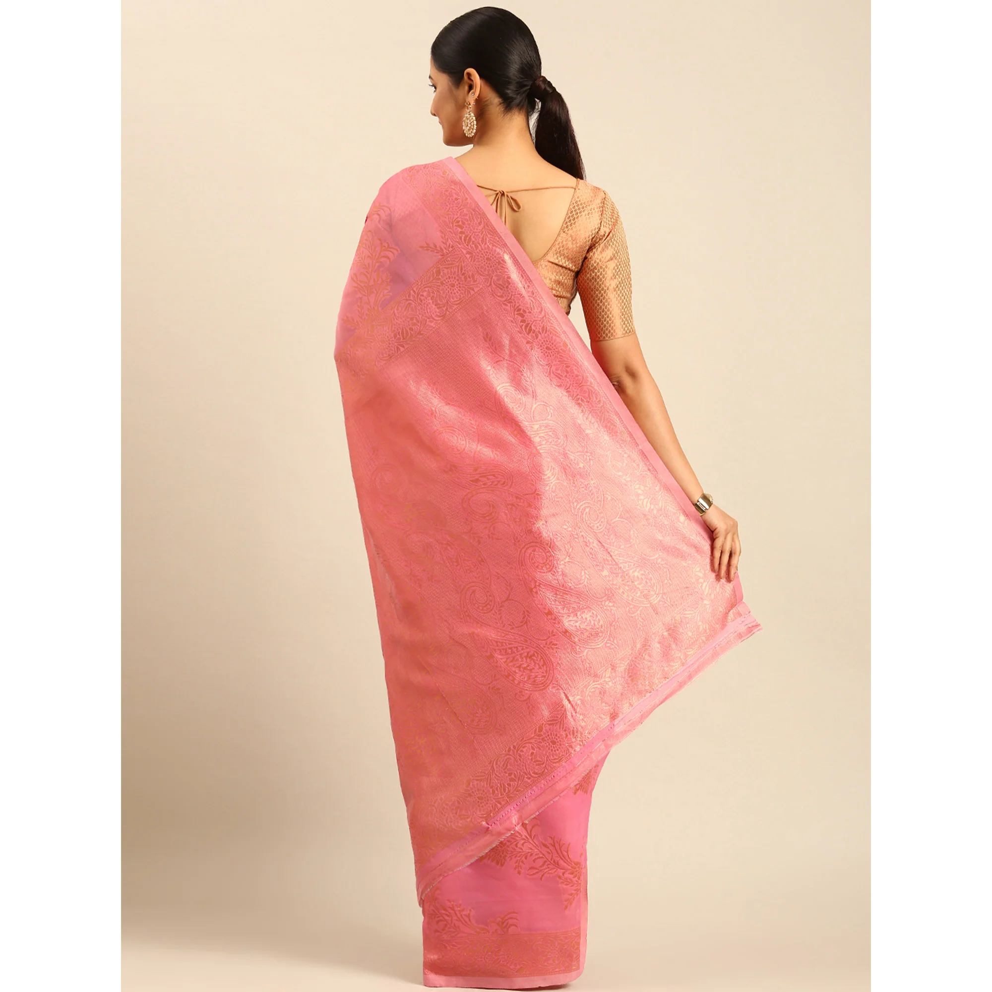 Pink Floral Woven Cotton Silk Saree - Image 5