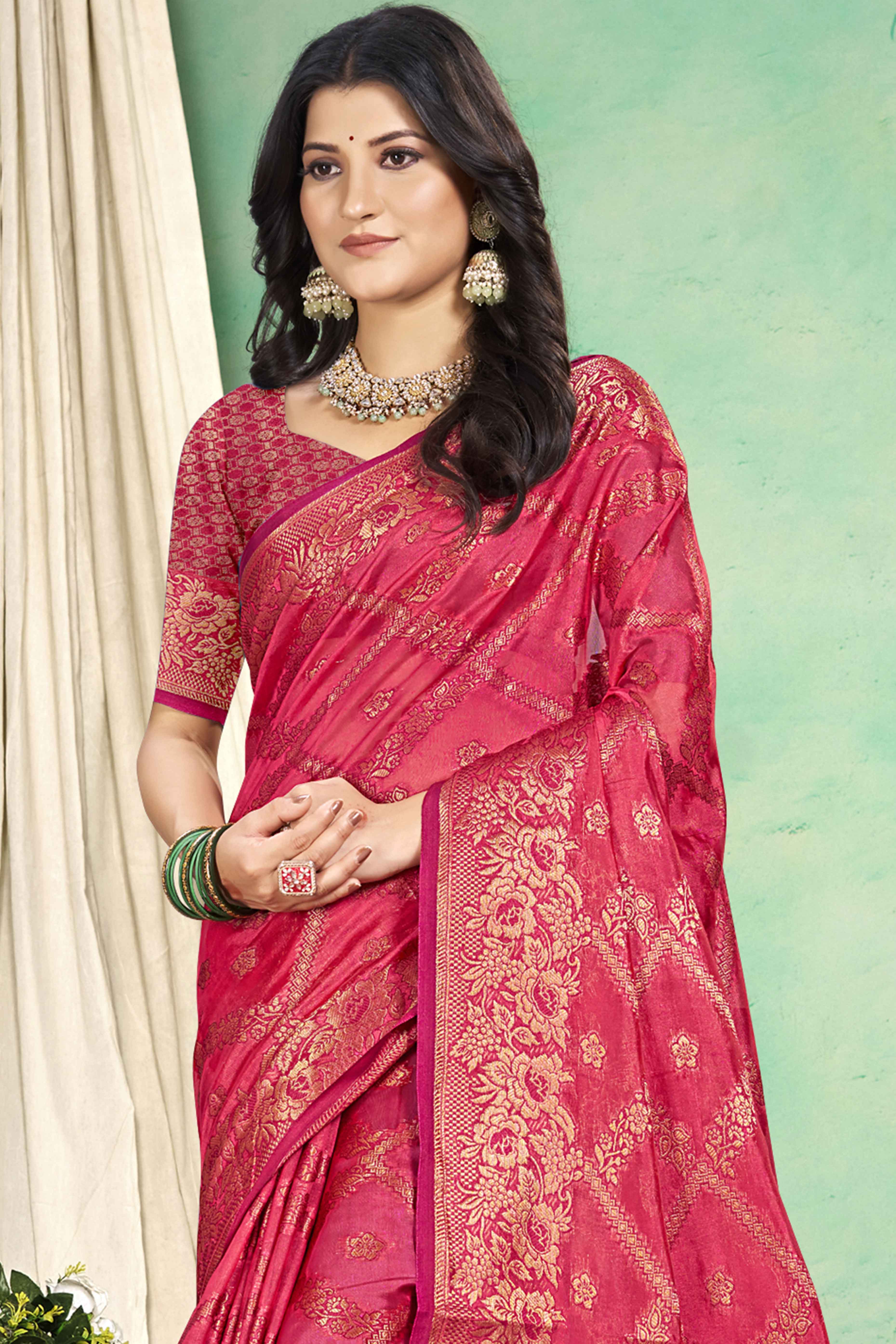 Pink Floral Woven Cotton Silk Saree - Image 3