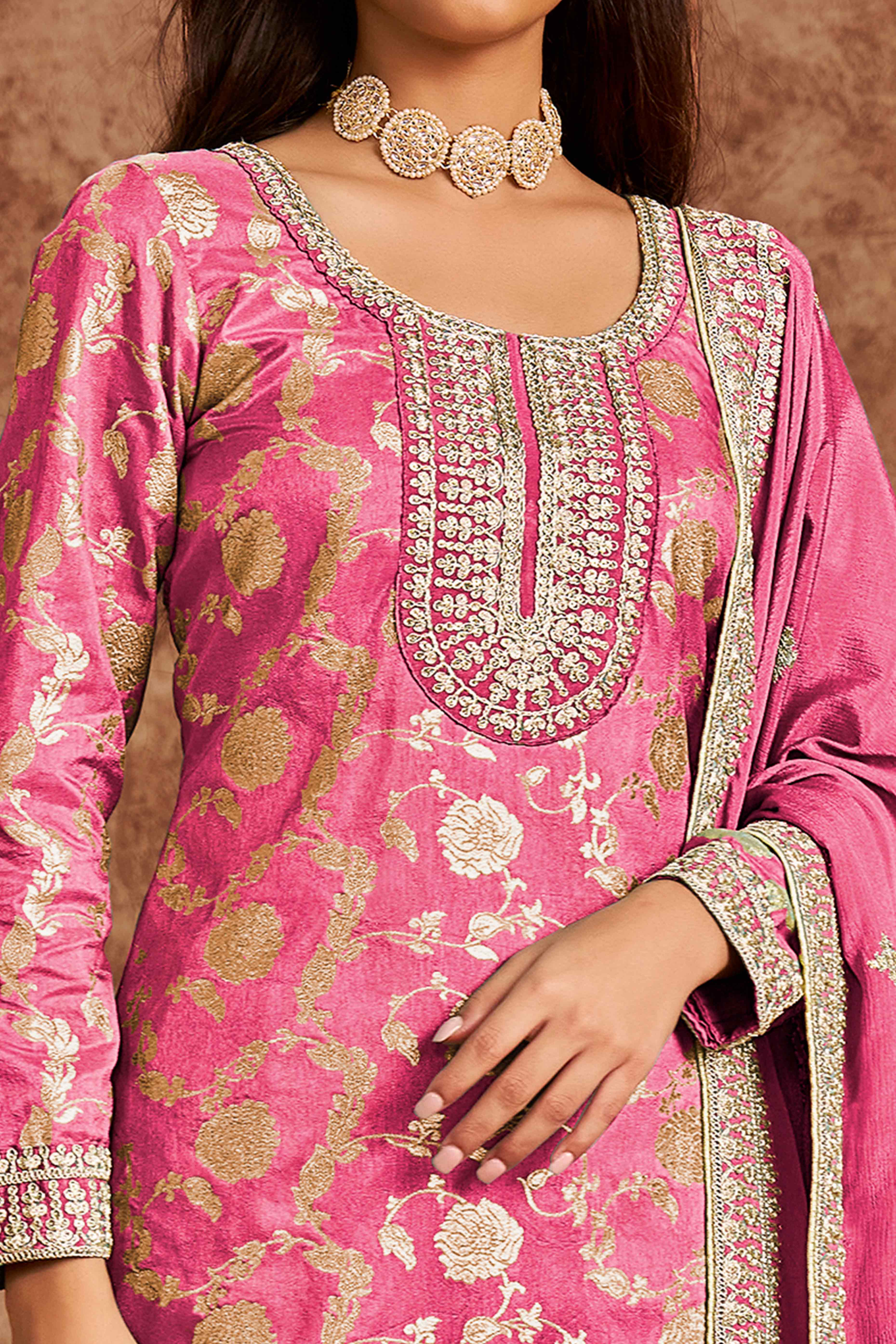 Pink Floral Woven Dola Silk Jacquard Dress Material - Image 2