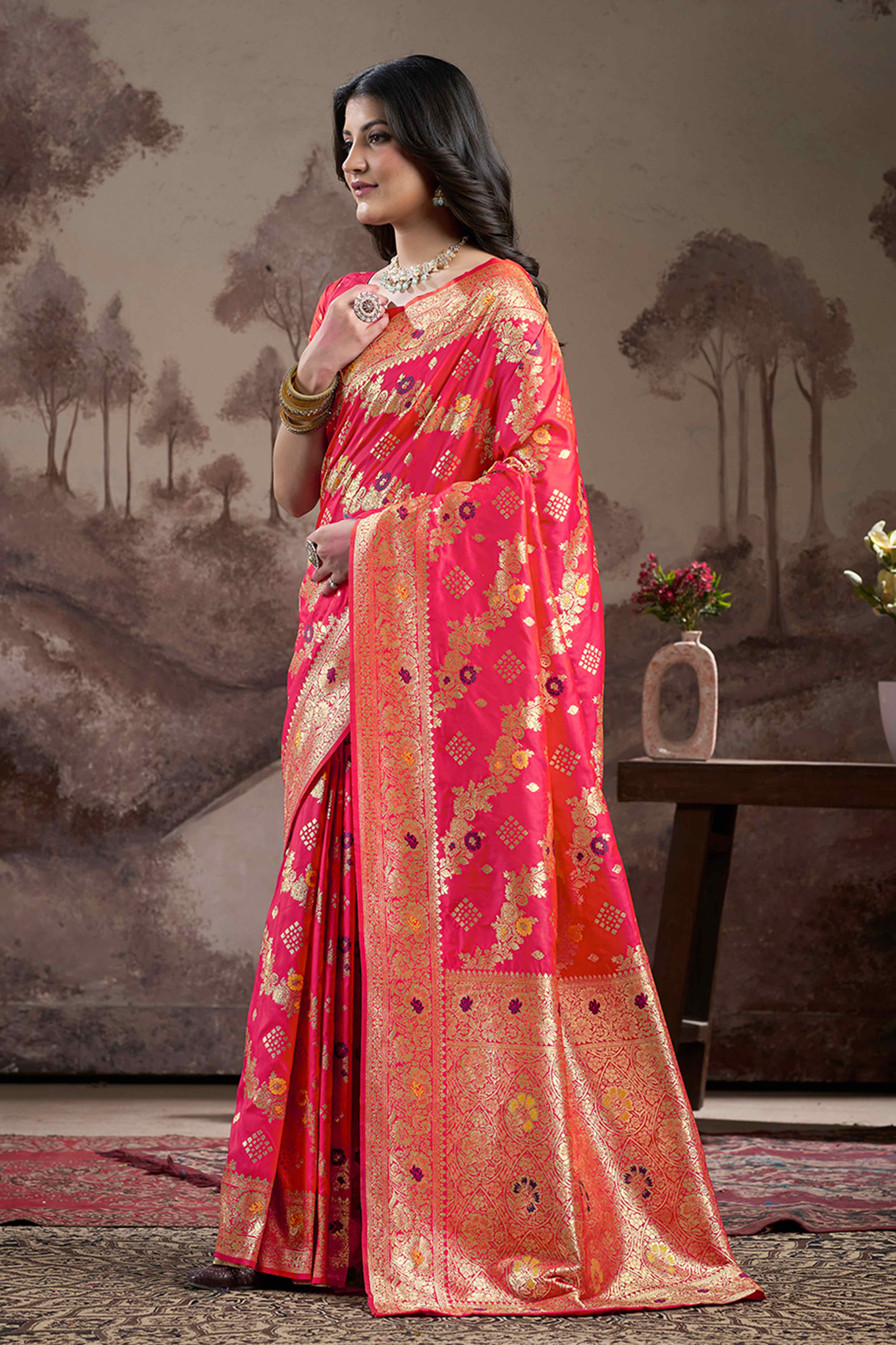 Pink Floral Woven Jacquard Silk Saree - Image 4