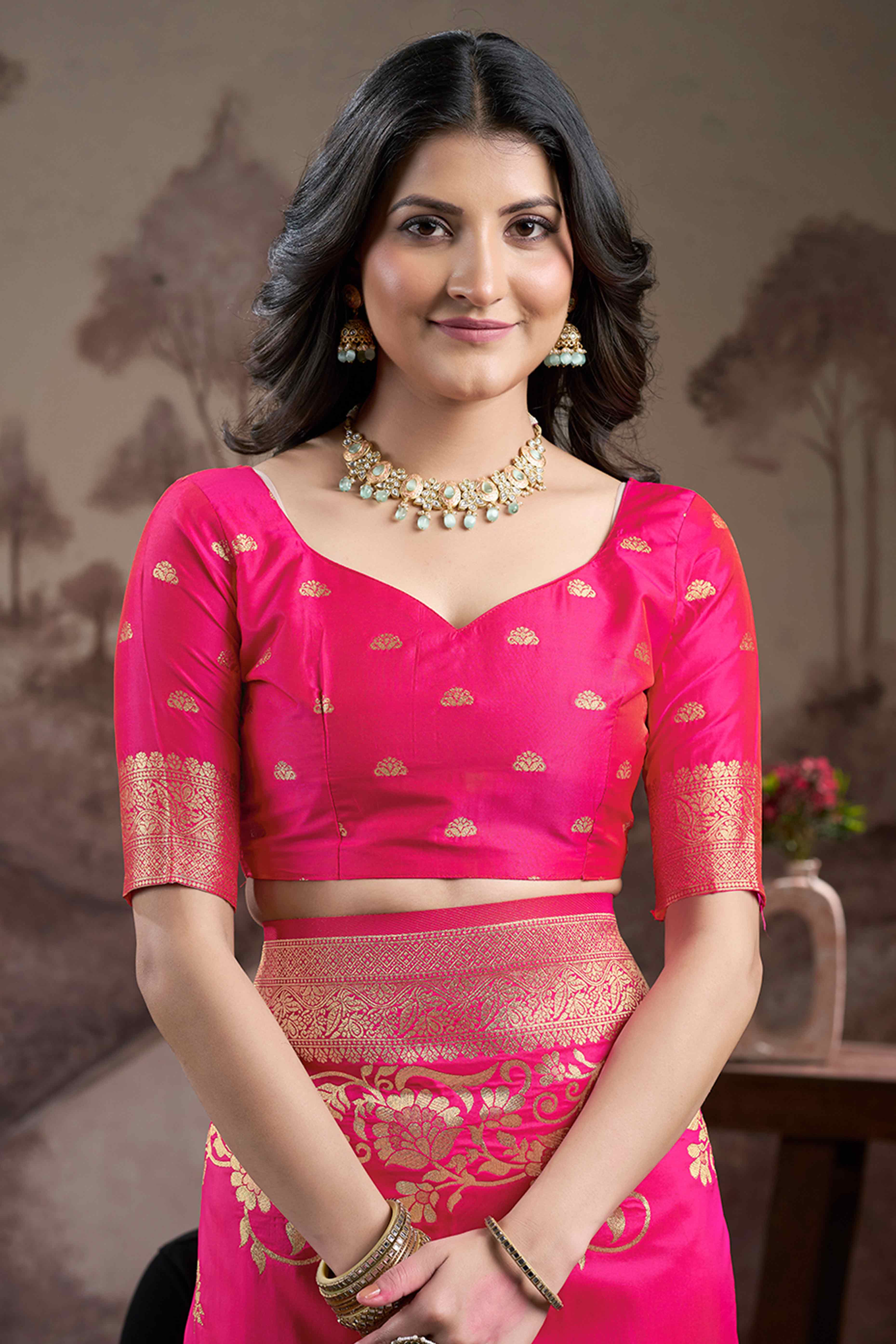 Pink Floral Woven Jacquard Silk Saree - Image 7