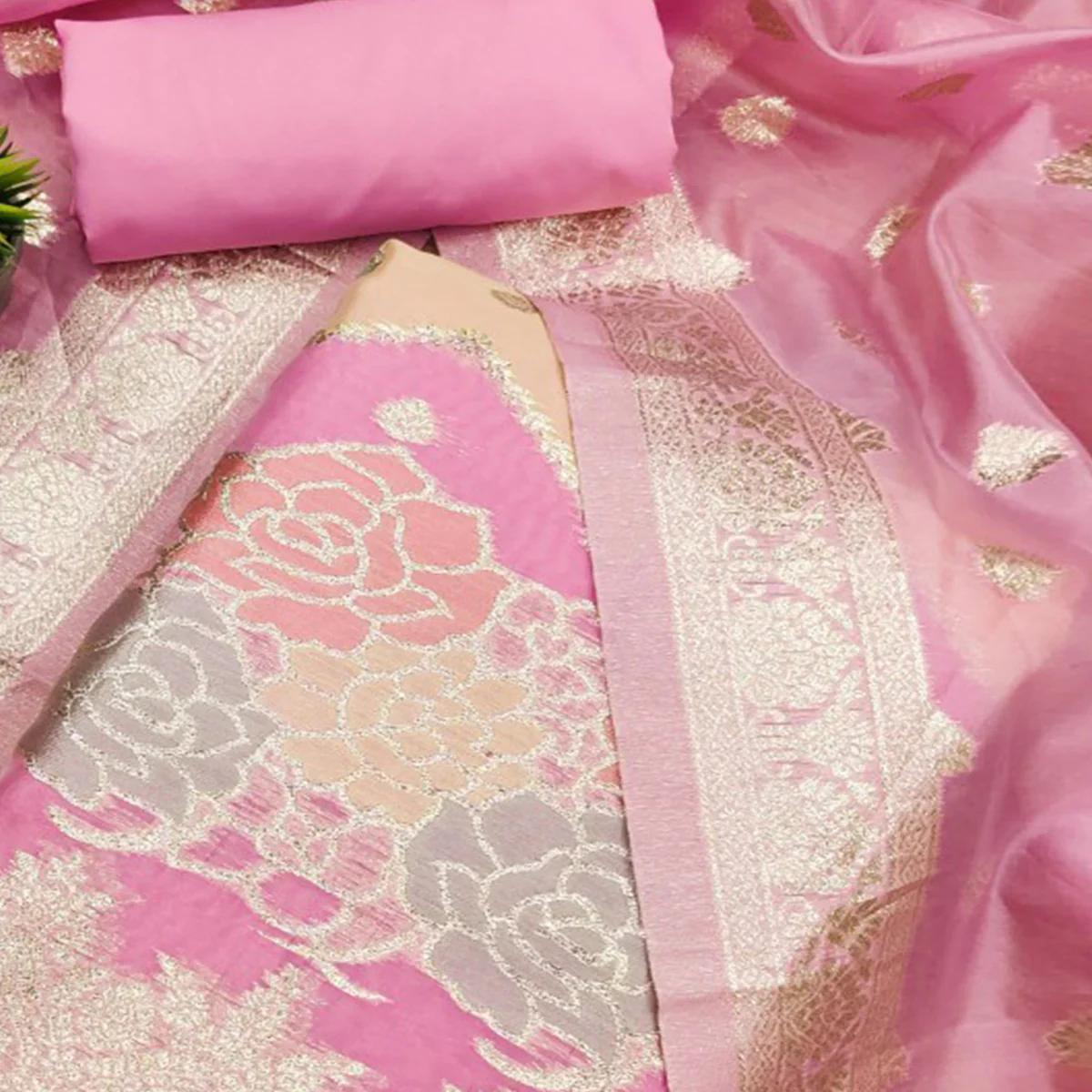 Pink Floral Woven Organza Dress Material - Image 2