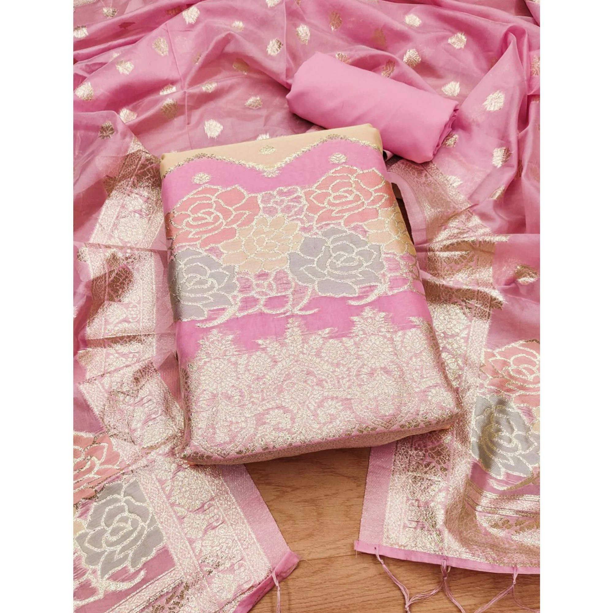 Pink Floral Woven Organza Dress Material - Image 3