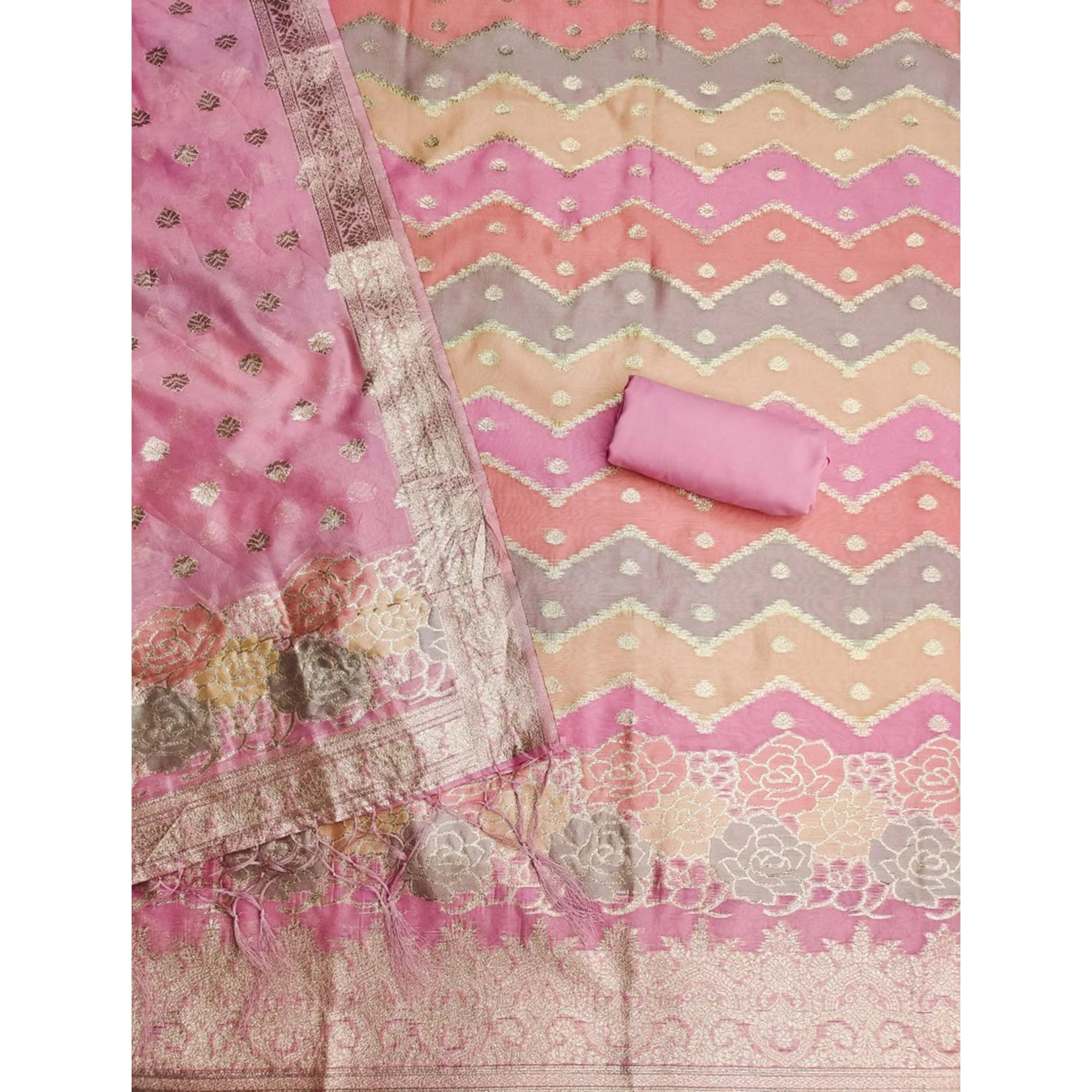 Pink Floral Woven Organza Dress Material - Image 4