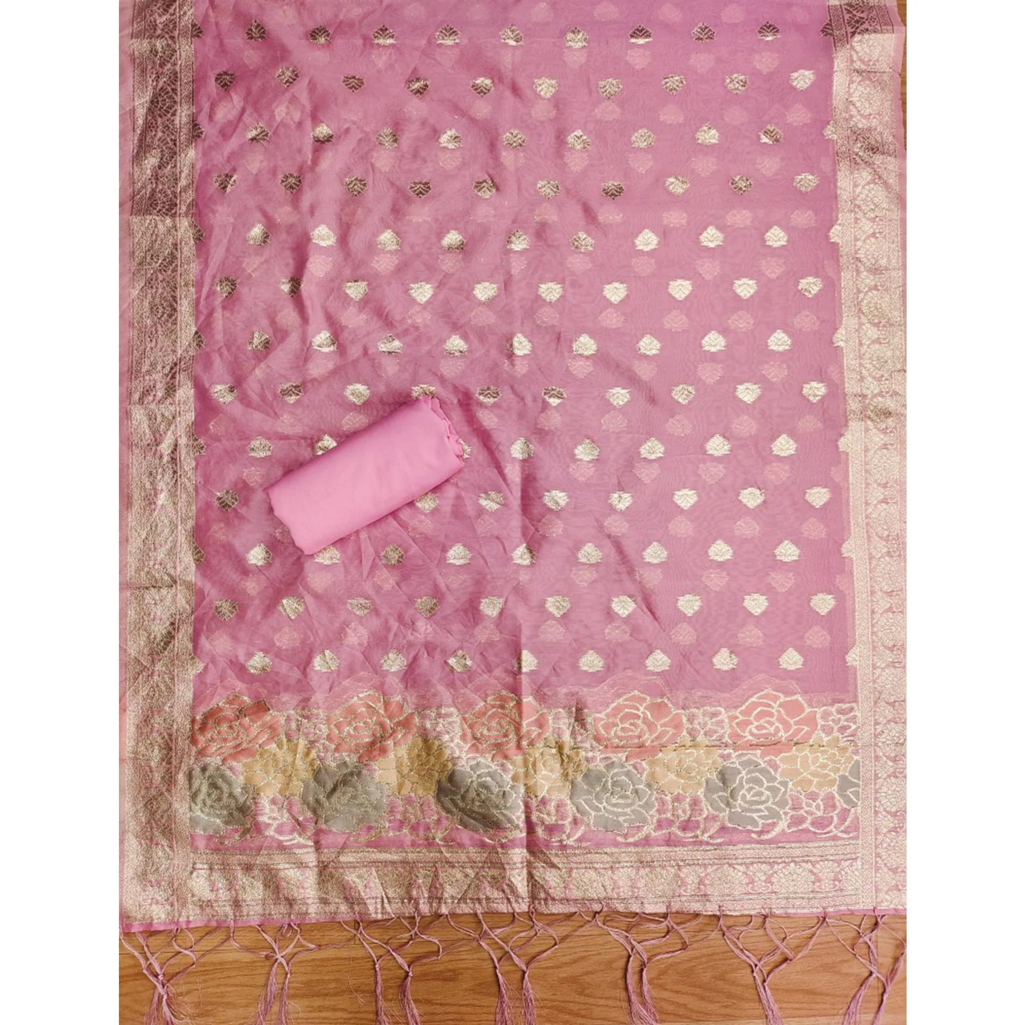 Pink Floral Woven Organza Dress Material - Image 5