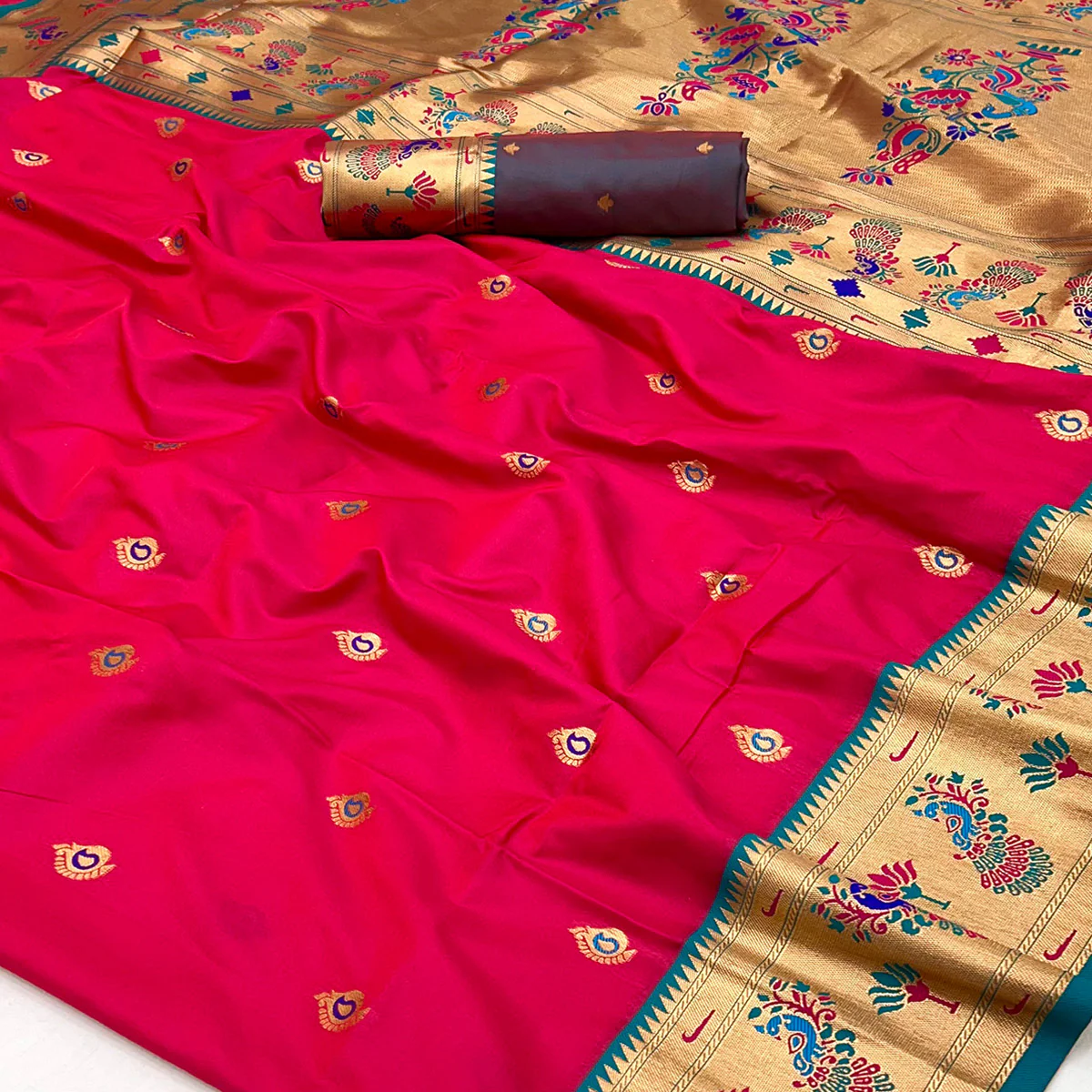 Pink Floral Woven Pure Silk Paithani Saree - Image 2