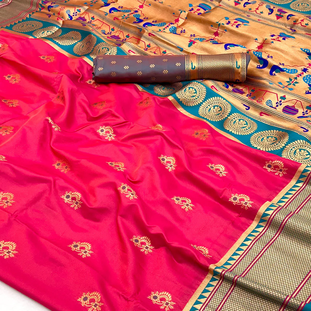 Pink Floral Woven Pure Silk Saree - Image 2