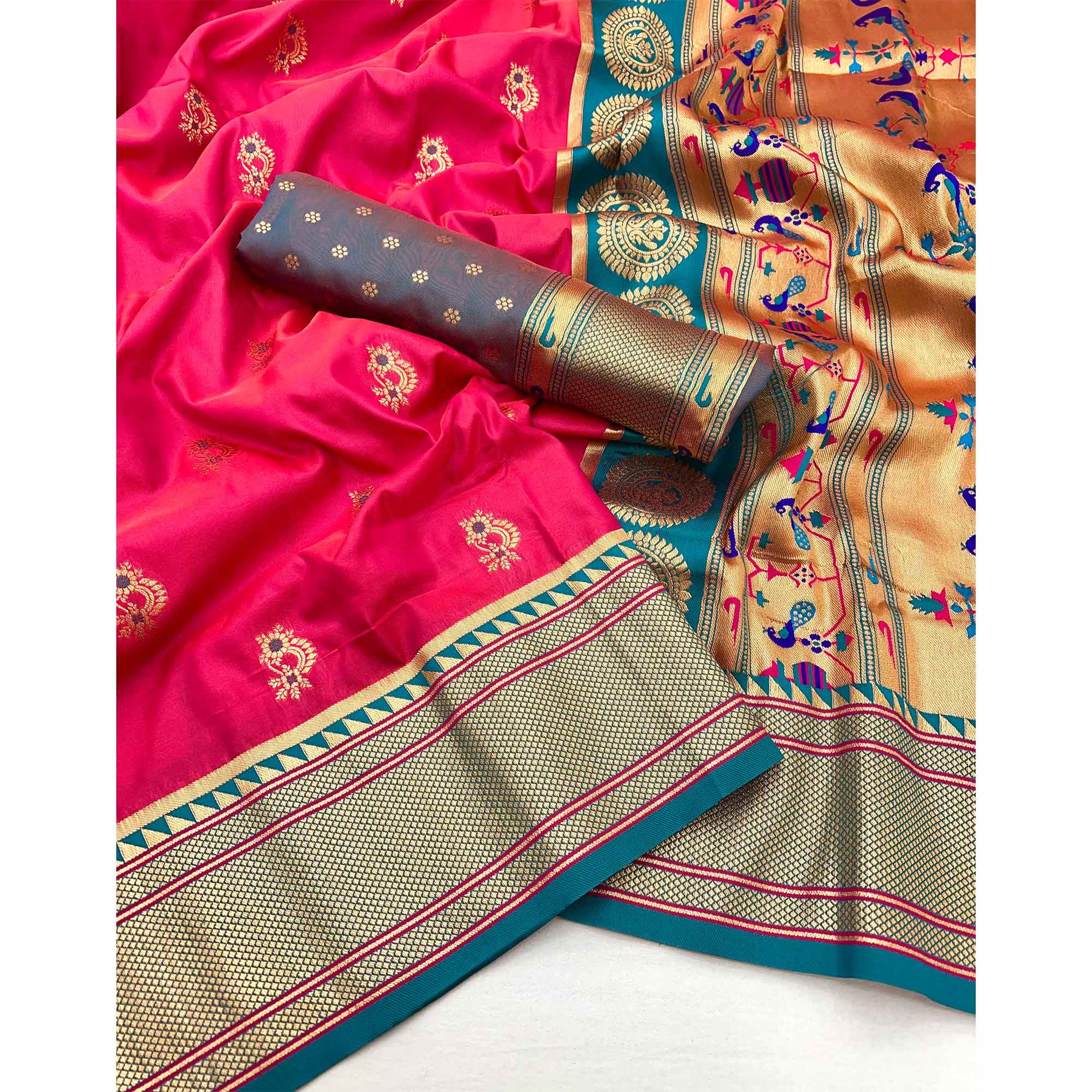 Pink Floral Woven Pure Silk Saree - Image 3