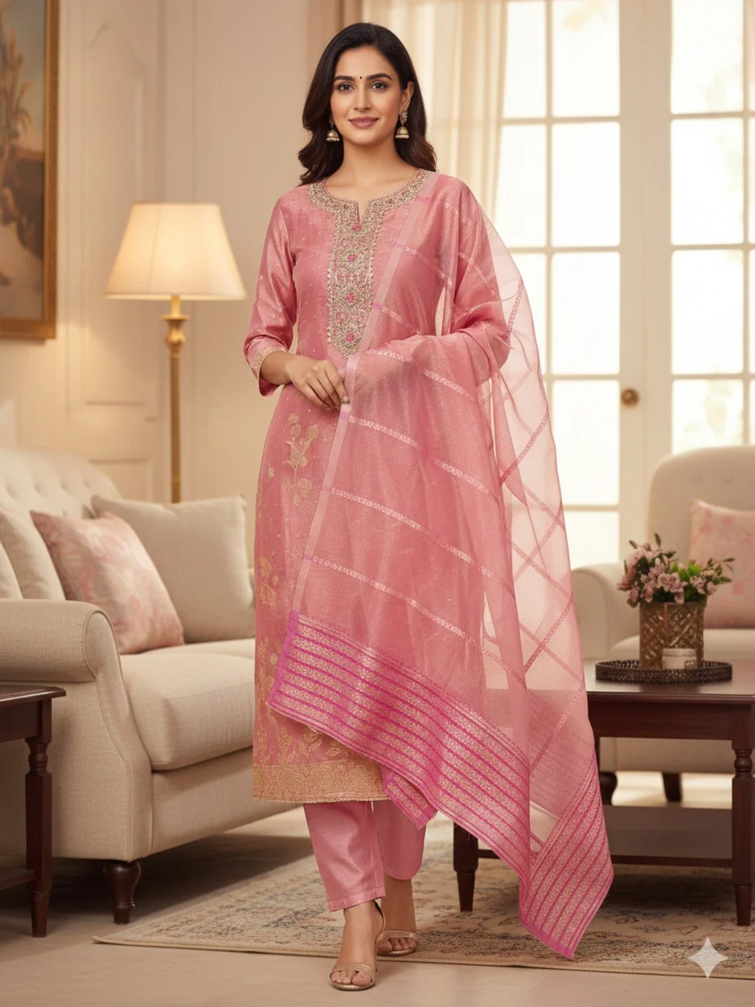 Pink Floral Woven Shimmer Dress Material Featuring Delicate Sequins Embroidery On The Neckline