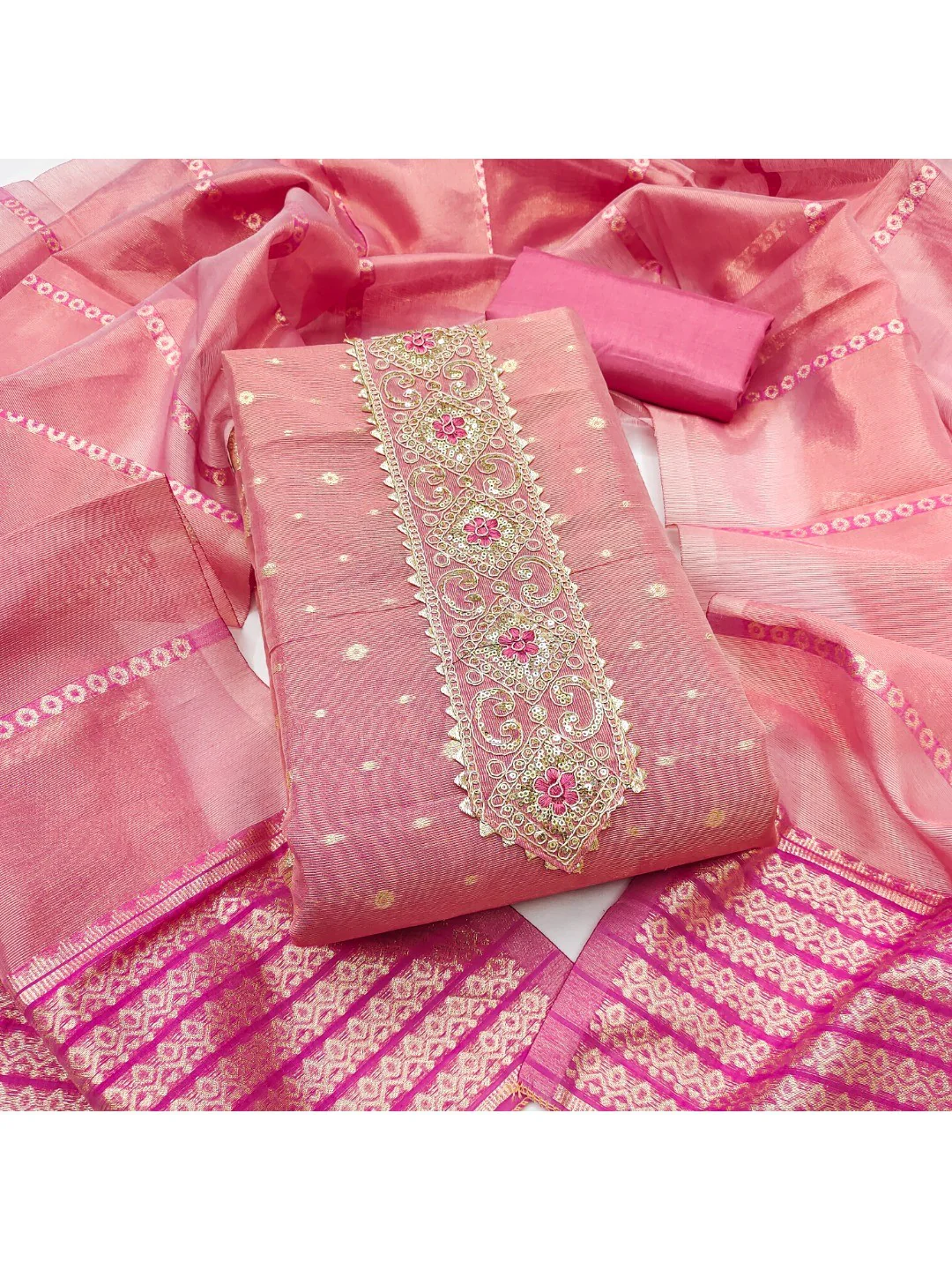 Pink Floral Woven Shimmer Dress Material Featuring Delicate Sequins Embroidery On The Neckline - Image 2