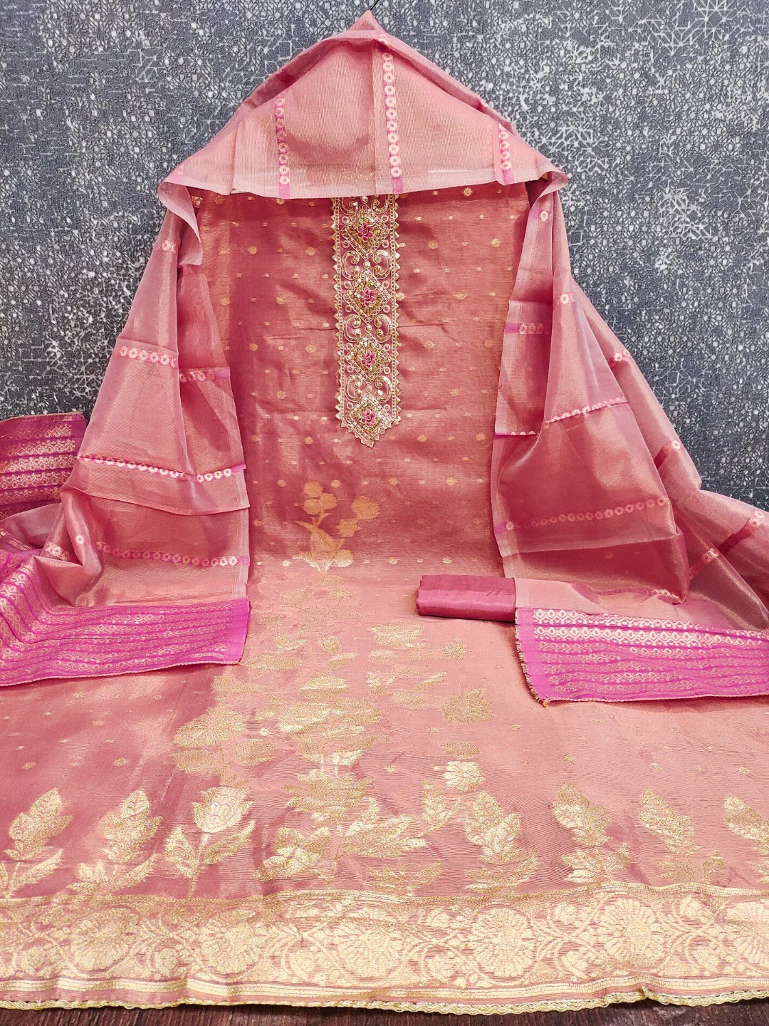 Pink Floral Woven Shimmer Dress Material Featuring Delicate Sequins Embroidery On The Neckline - Image 3