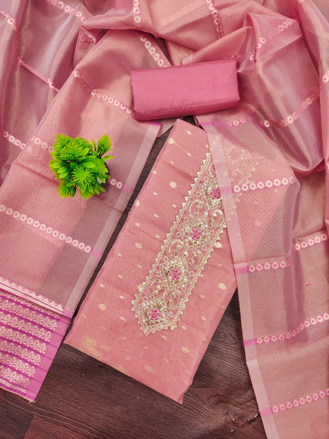 Pink Floral Woven Shimmer Dress Material Featuring Delicate Sequins Embroidery On The Neckline - Image 4