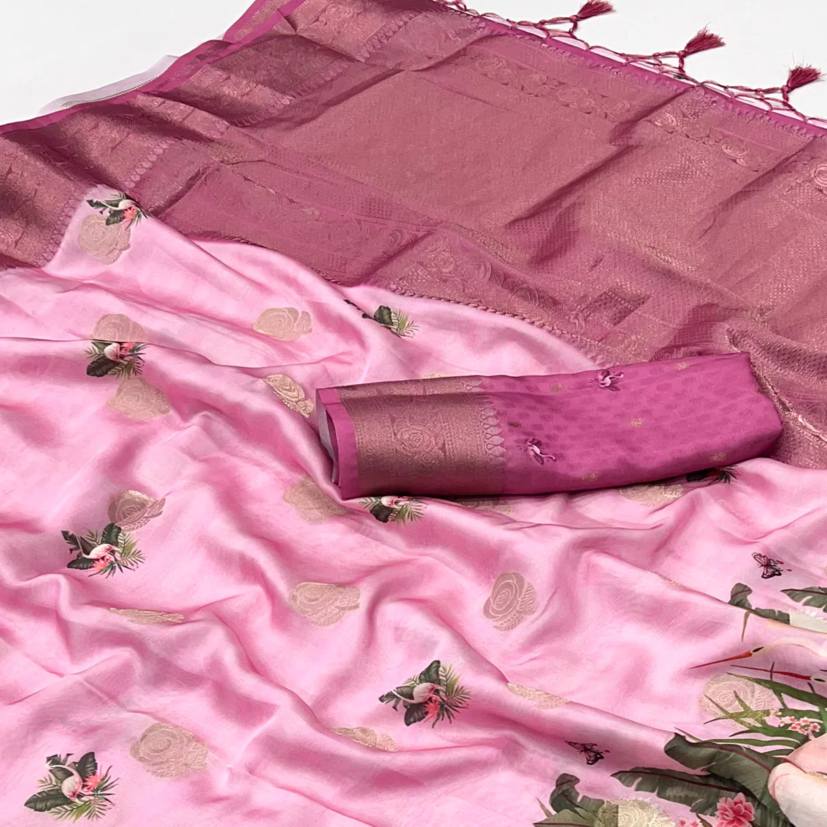 Pink Floral Woven With Digital Printed Satin Saree - Image 2