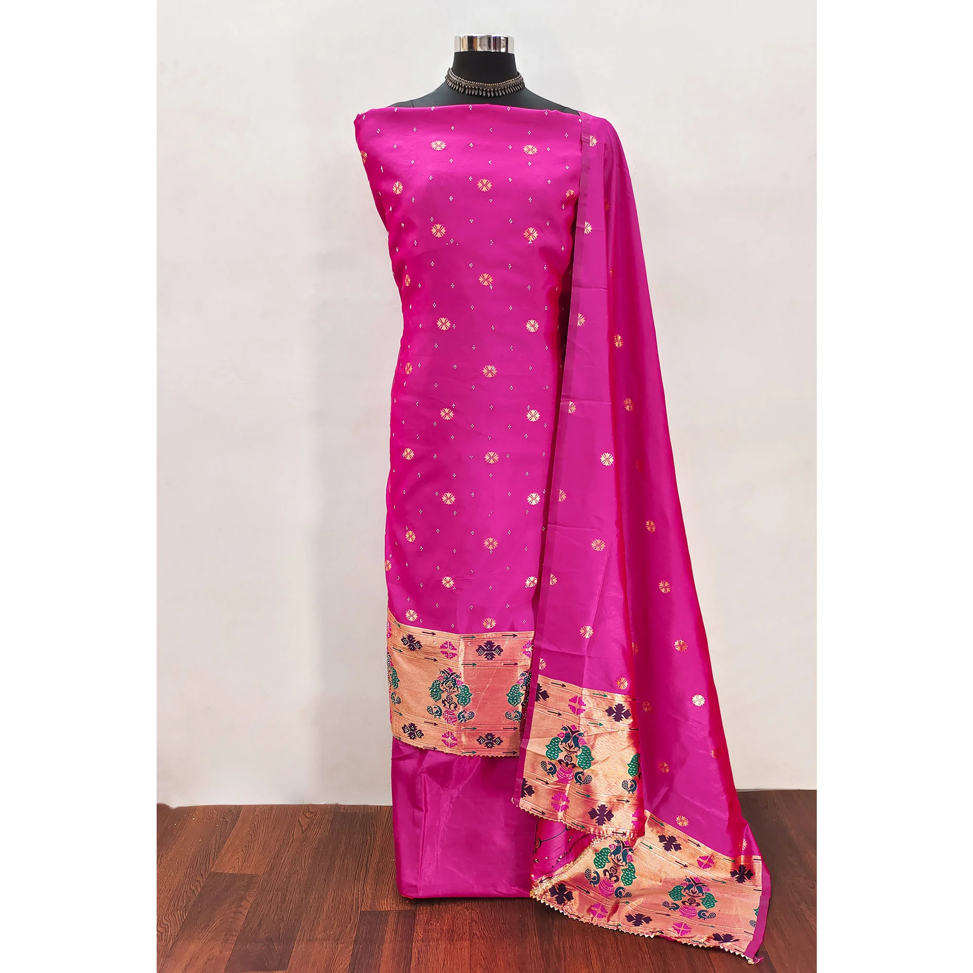 Pink Floral Woven With Swarovski Work Banarasi Silk Dress Material - Image 3