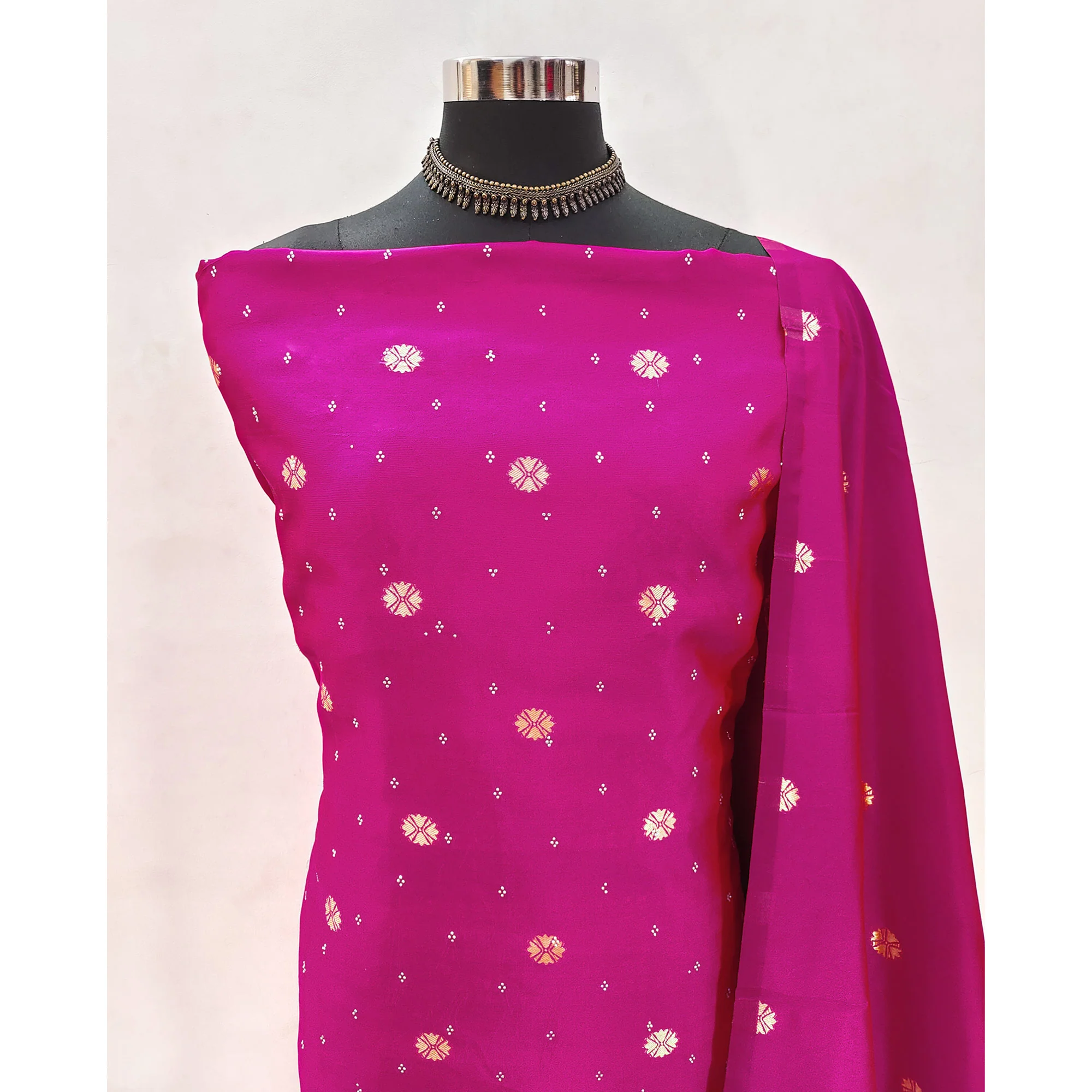 Pink Floral Woven With Swarovski Work Banarasi Silk Dress Material - Image 4