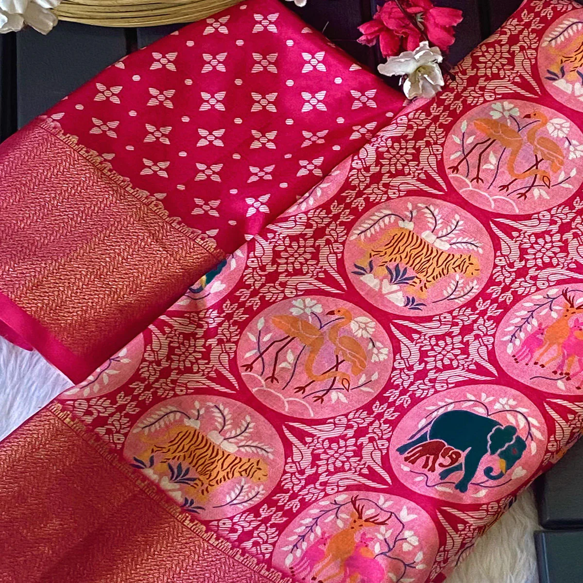 Pink Floral Zari Weaving Dola Silk Saree - Image 2