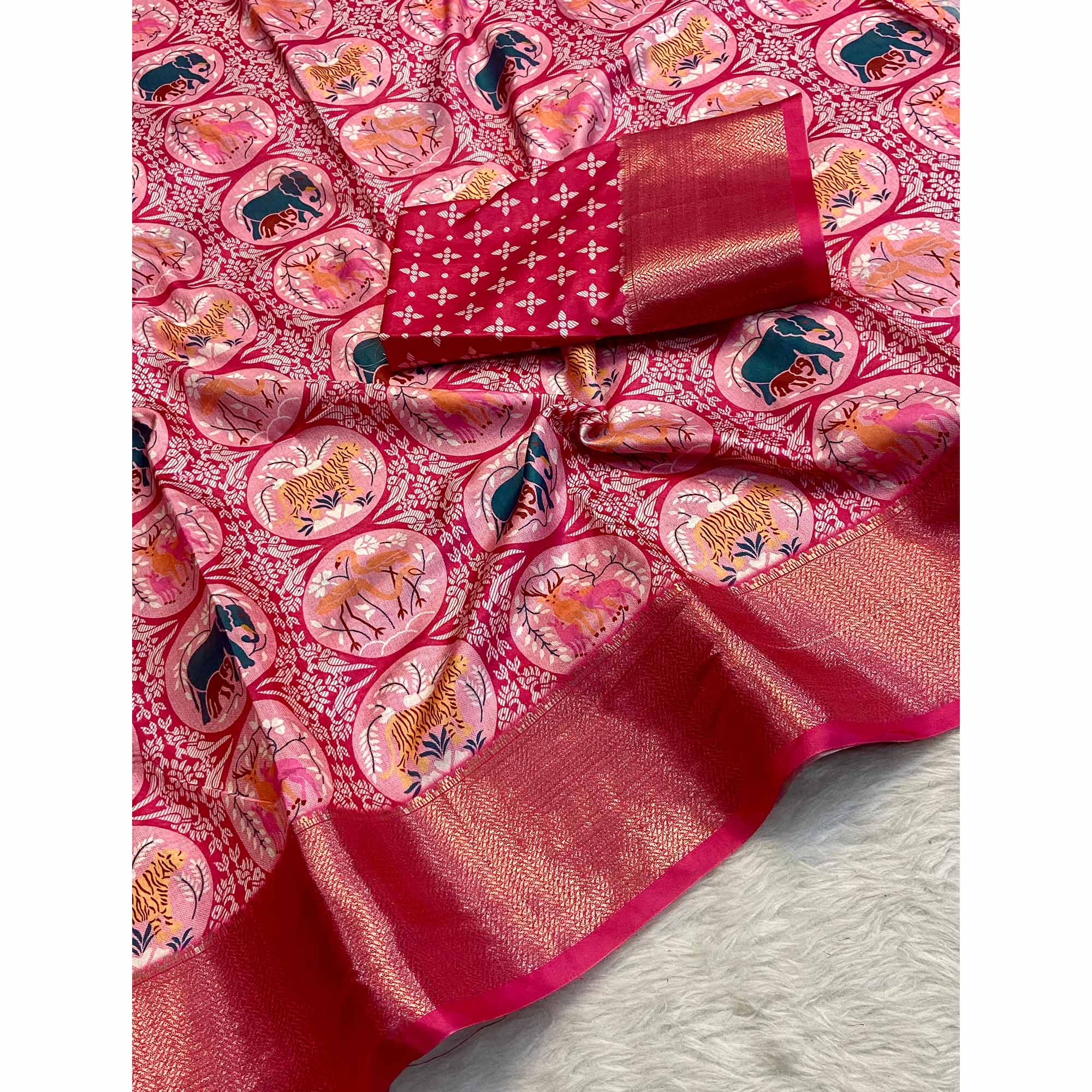 Pink Floral Zari Weaving Dola Silk Saree - Image 3
