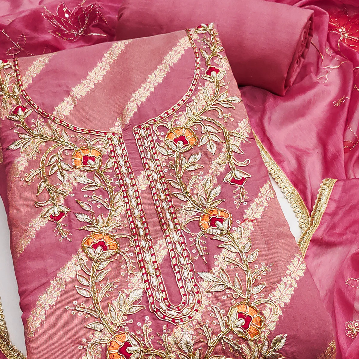 Pink Floral Zari Weaving & Sequins With Handwork Embellished Shimmer Dress Material - Image 2