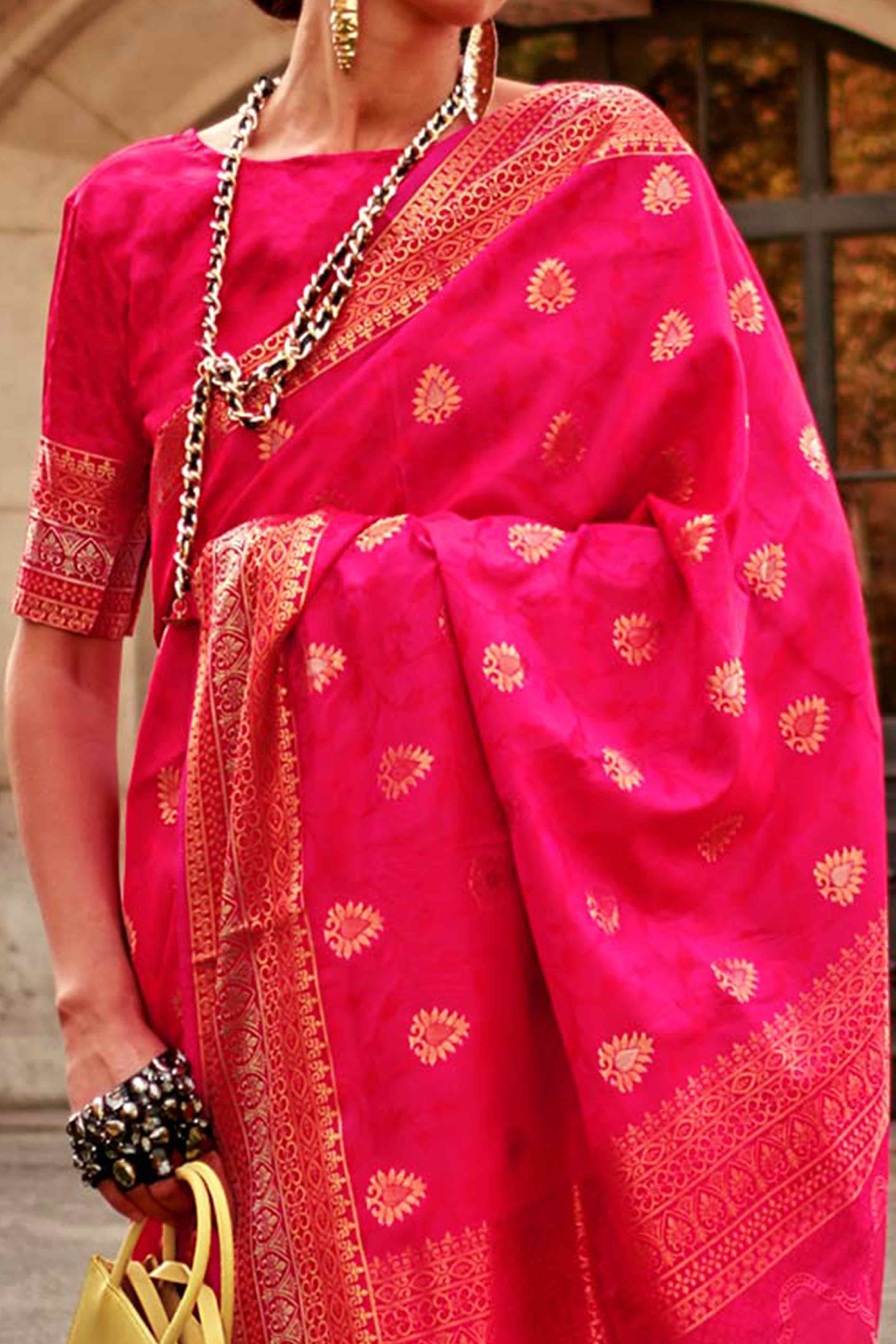Pink Floral Zari Work Woven Banarasi Silk Saree - Image 2