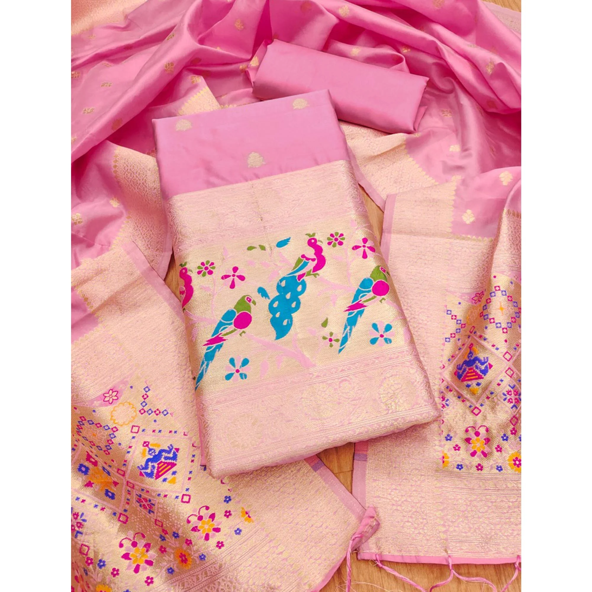 Baby Pink Floral Zari Woven Banarasi Silk Dress Material - Image 3