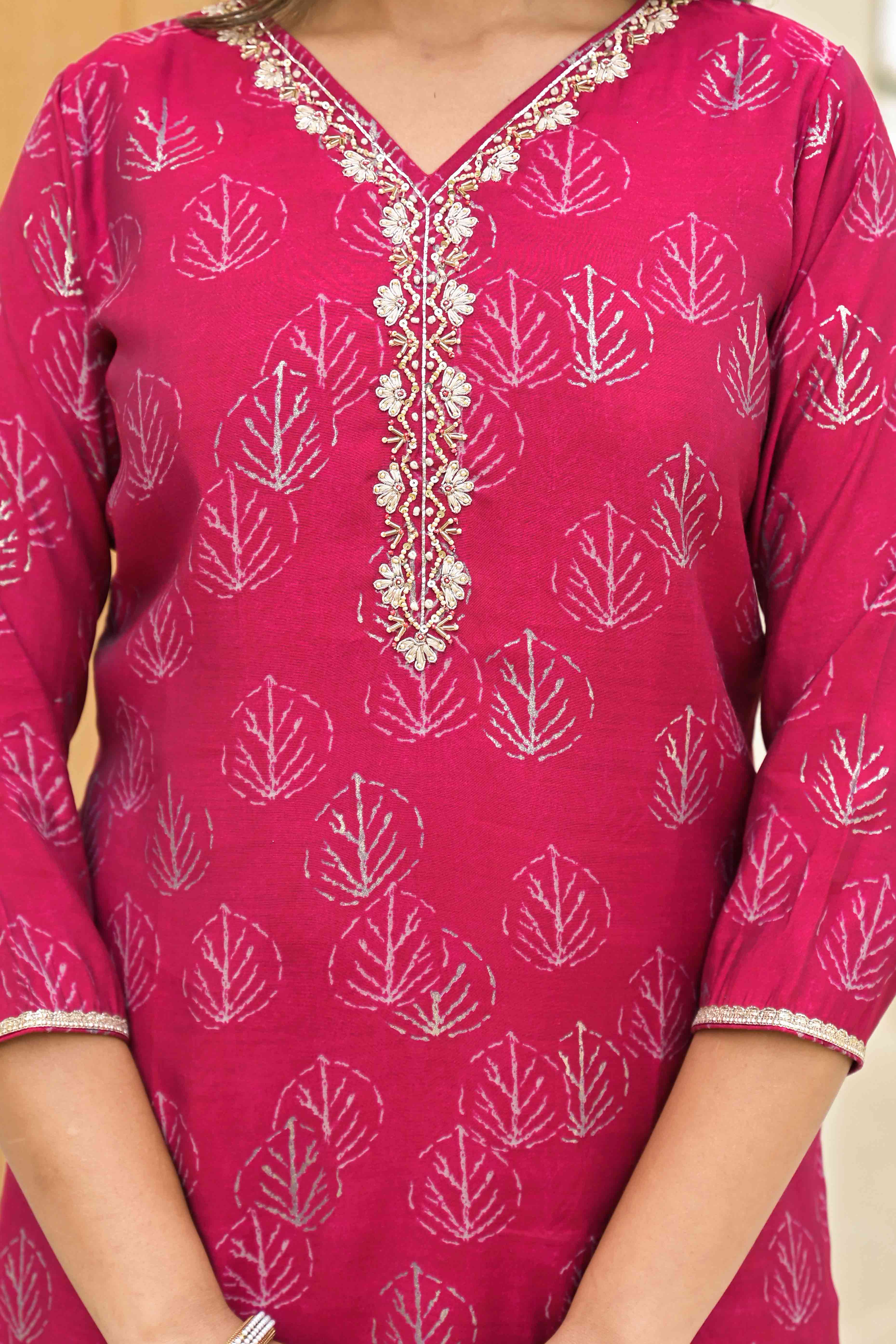 Pink Foil Printed Chanderi Straight Salwar Suit - Image 2
