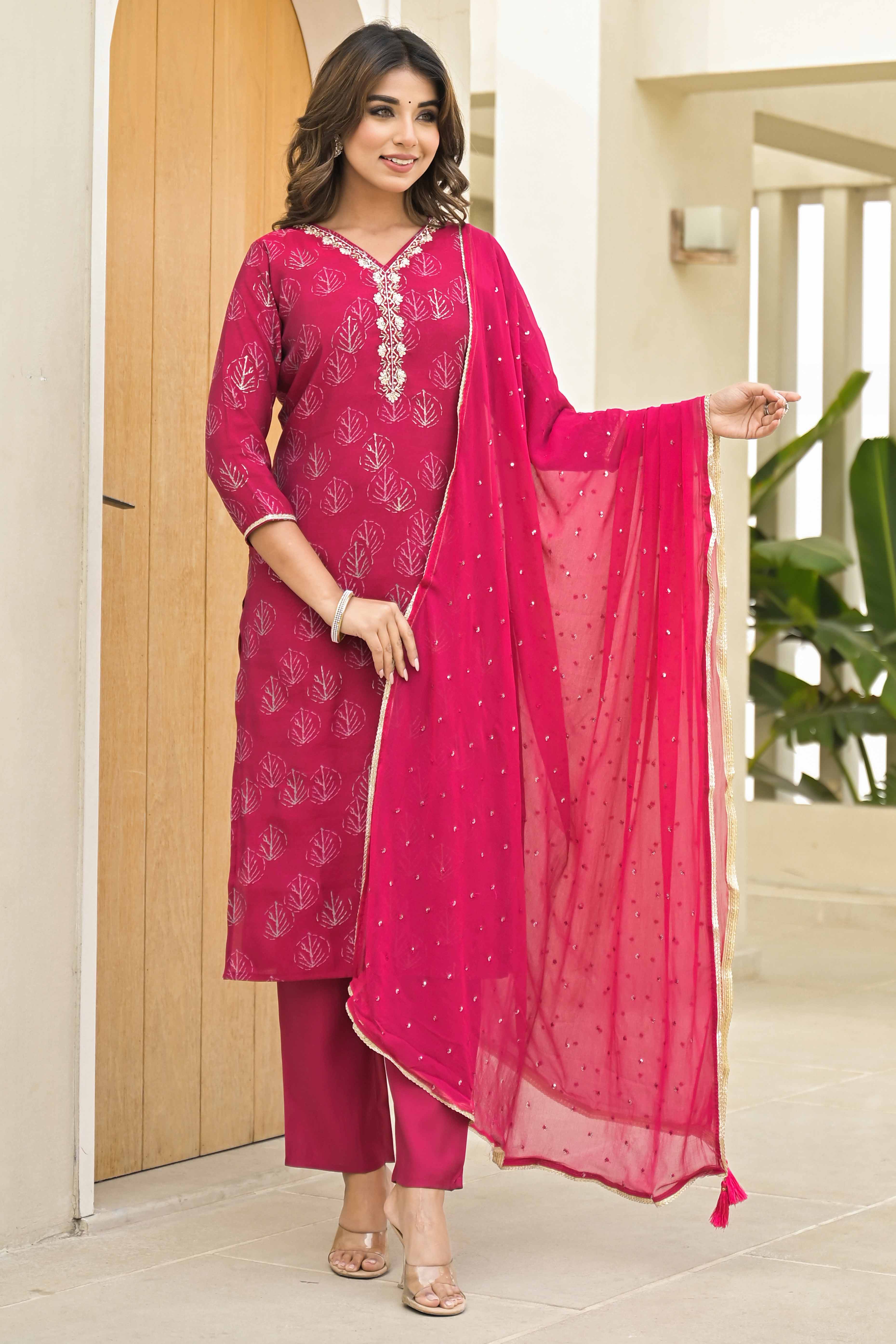 Pink Foil Printed Chanderi Straight Salwar Suit - Image 3