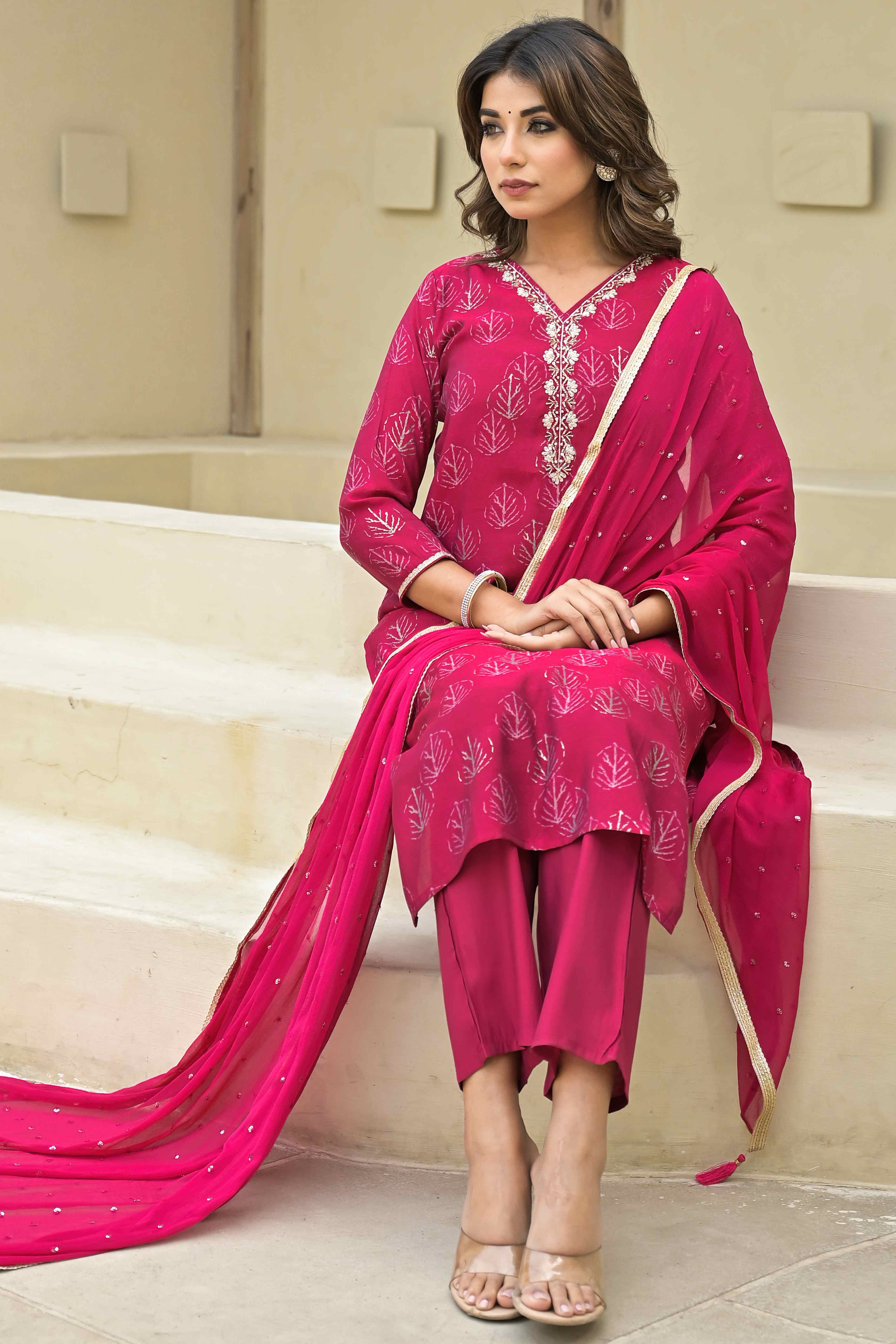 Pink Foil Printed Chanderi Straight Salwar Suit - Image 5