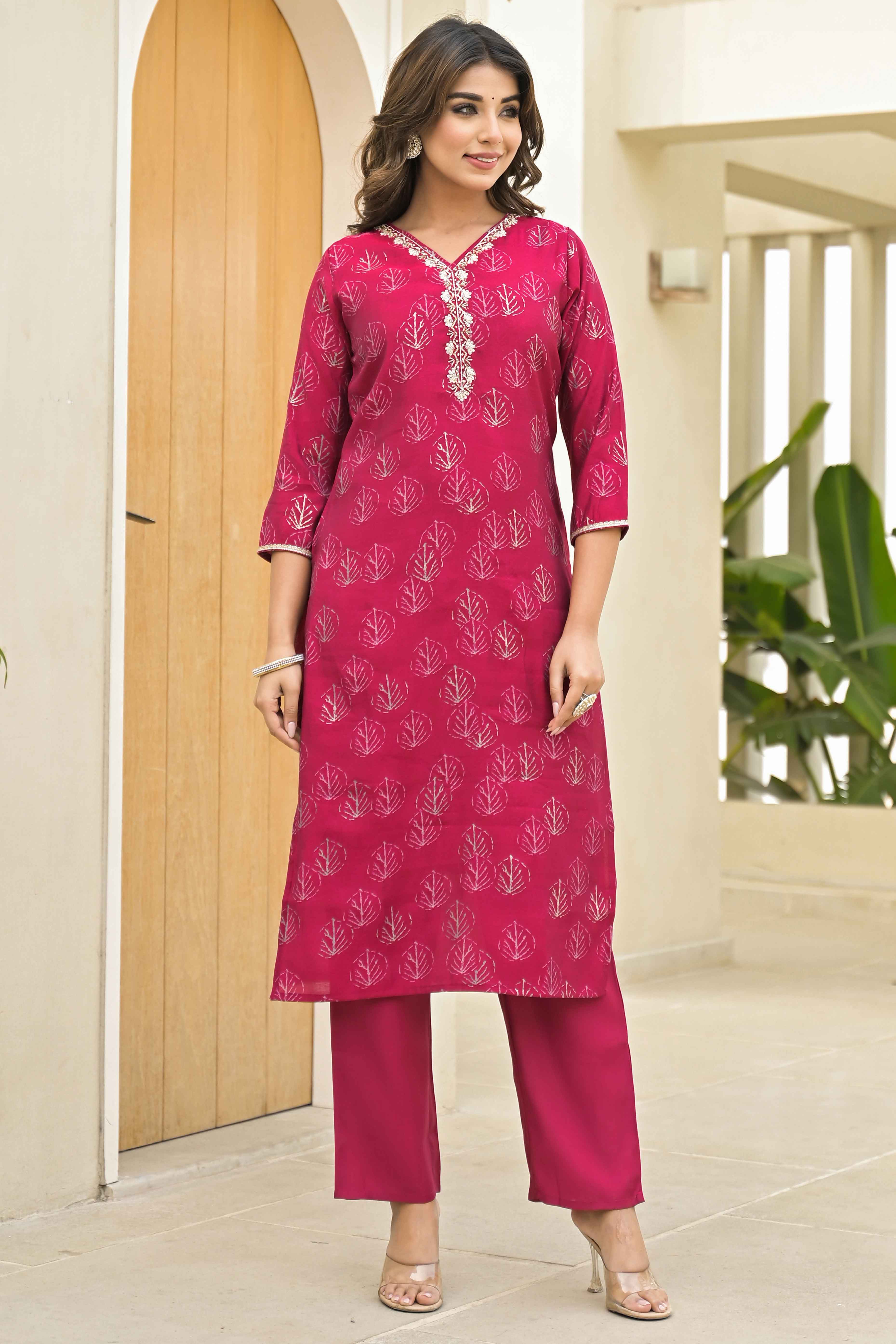 Pink Foil Printed Chanderi Straight Salwar Suit - Image 6