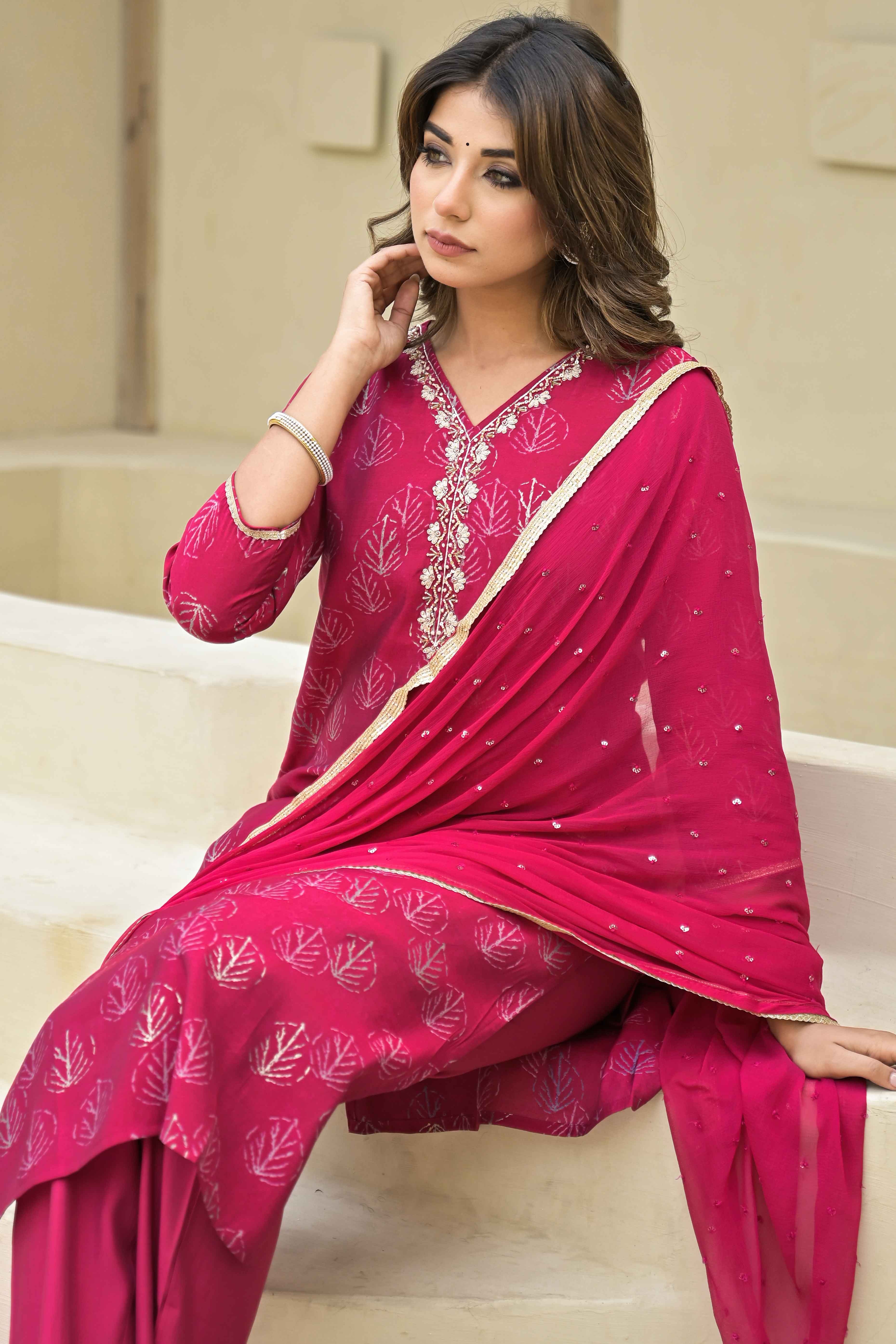 Pink Foil Printed Chanderi Straight Salwar Suit - Image 8