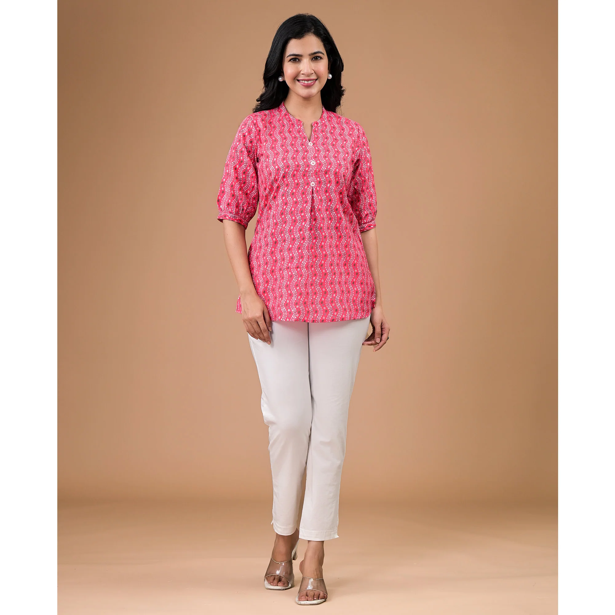 Pink Foil Printed Pure Cotton A-Line Top - Image 3
