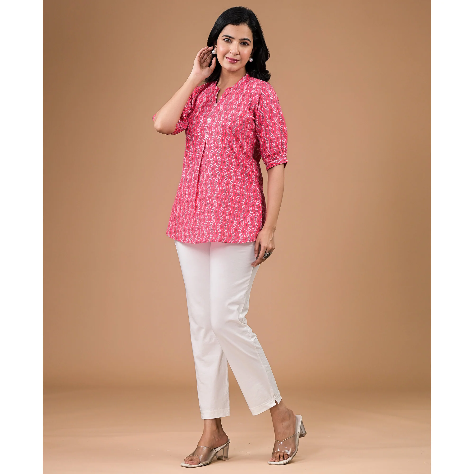 Pink Foil Printed Pure Cotton A-Line Top - Image 4