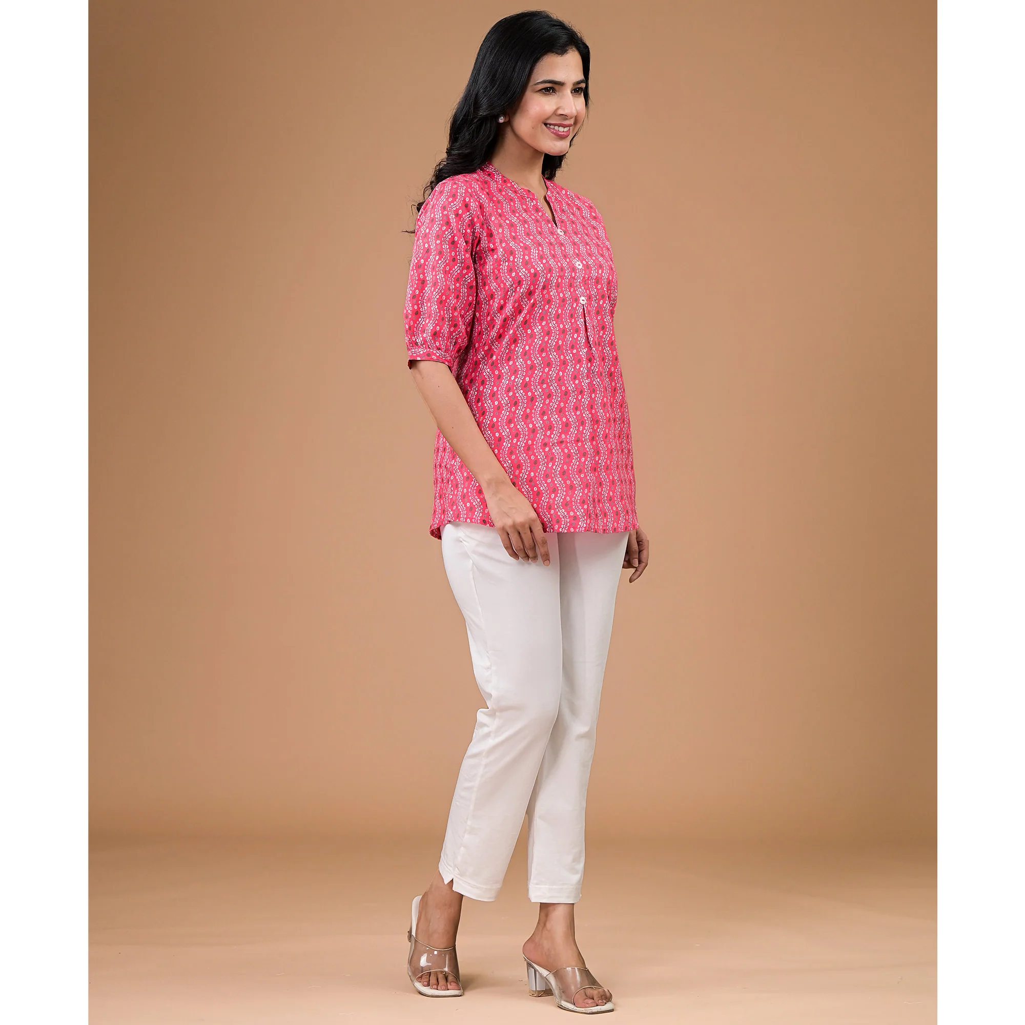 Pink Foil Printed Pure Cotton A-Line Top - Image 5