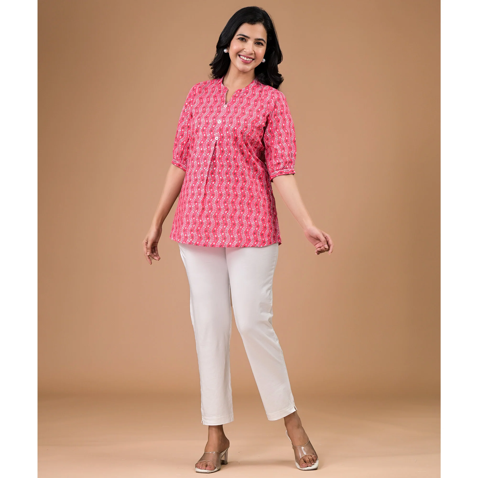 Pink Foil Printed Pure Cotton A-Line Top - Image 6