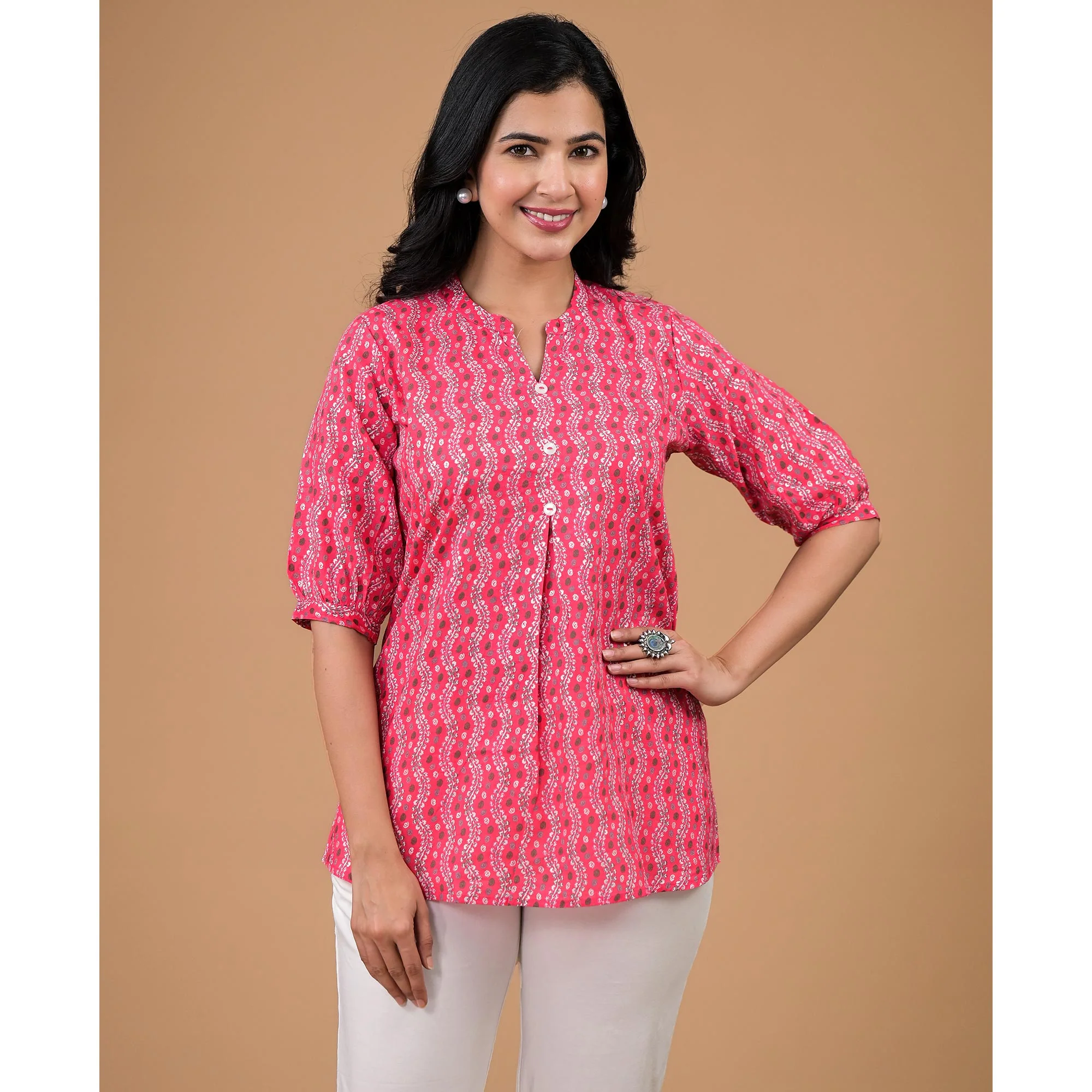 Pink Foil Printed Pure Cotton A-Line Top - Image 8