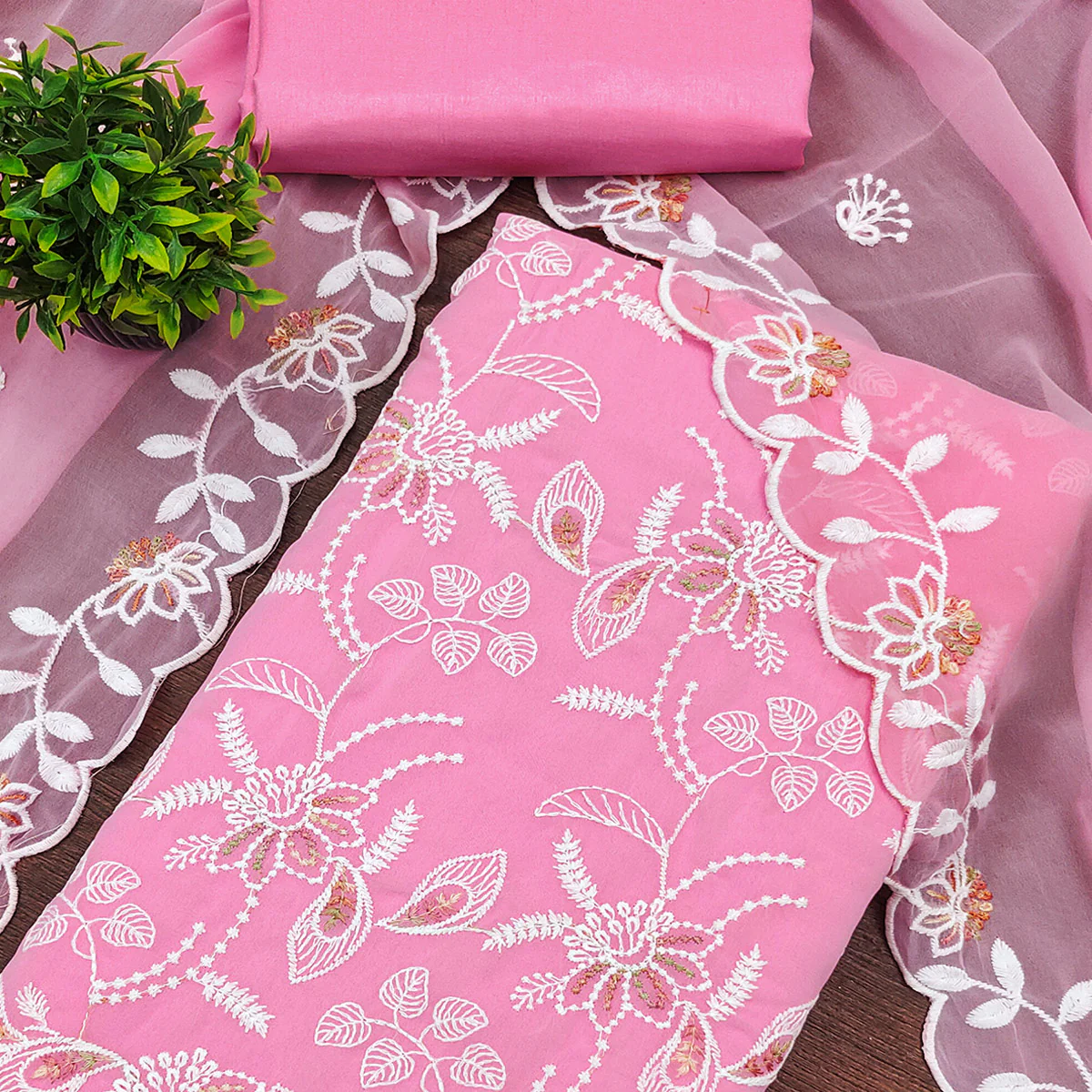 Pink Georgette Dress Material Accented With Floral Thread Work - Image 2