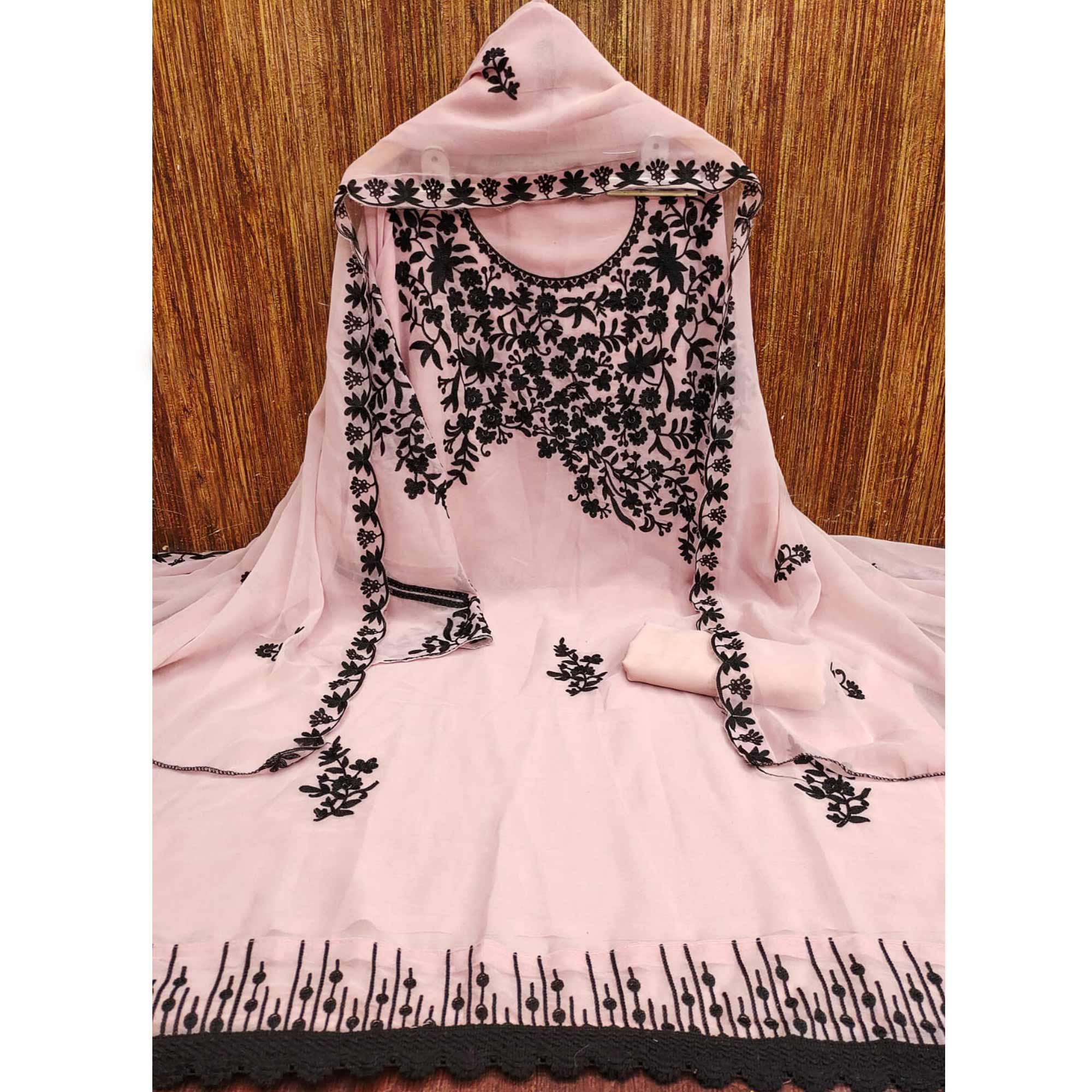 Pink Georgette Dress Material Adorned With Delicate Floral Thread Embroidery - Image 3