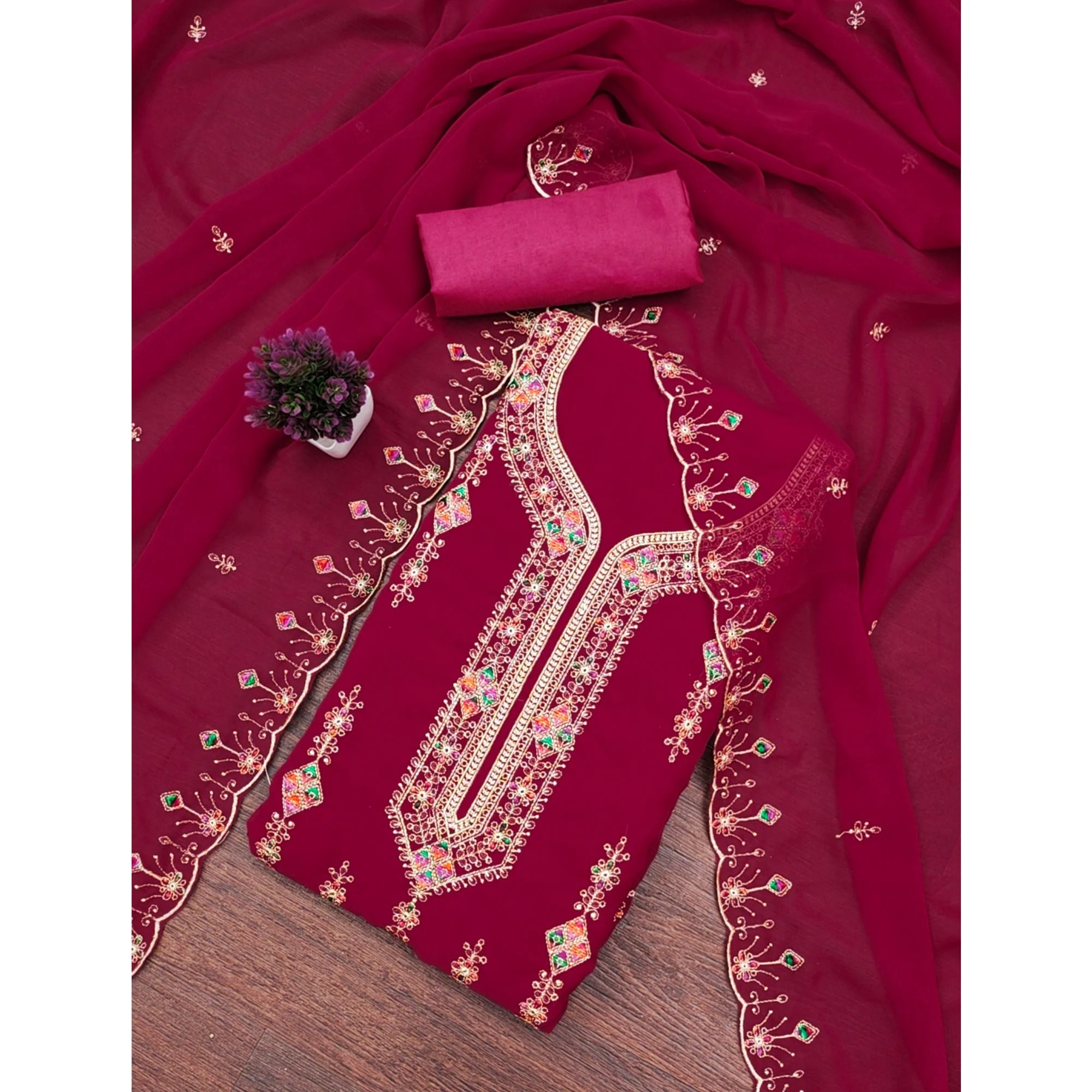 Pink Georgette Dress Material Enhanced With Graceful Floral Embroidery For An Elegant Ethnic Look - Image 3