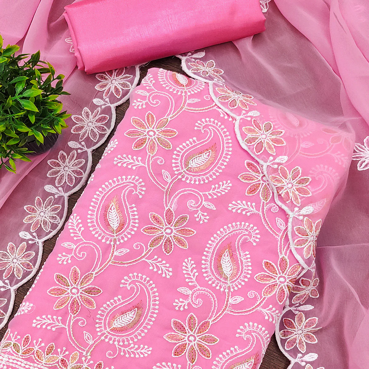 Pink Georgette Dress Material Highlighted With Paisley & Floral Thread Embroidery - Image 2