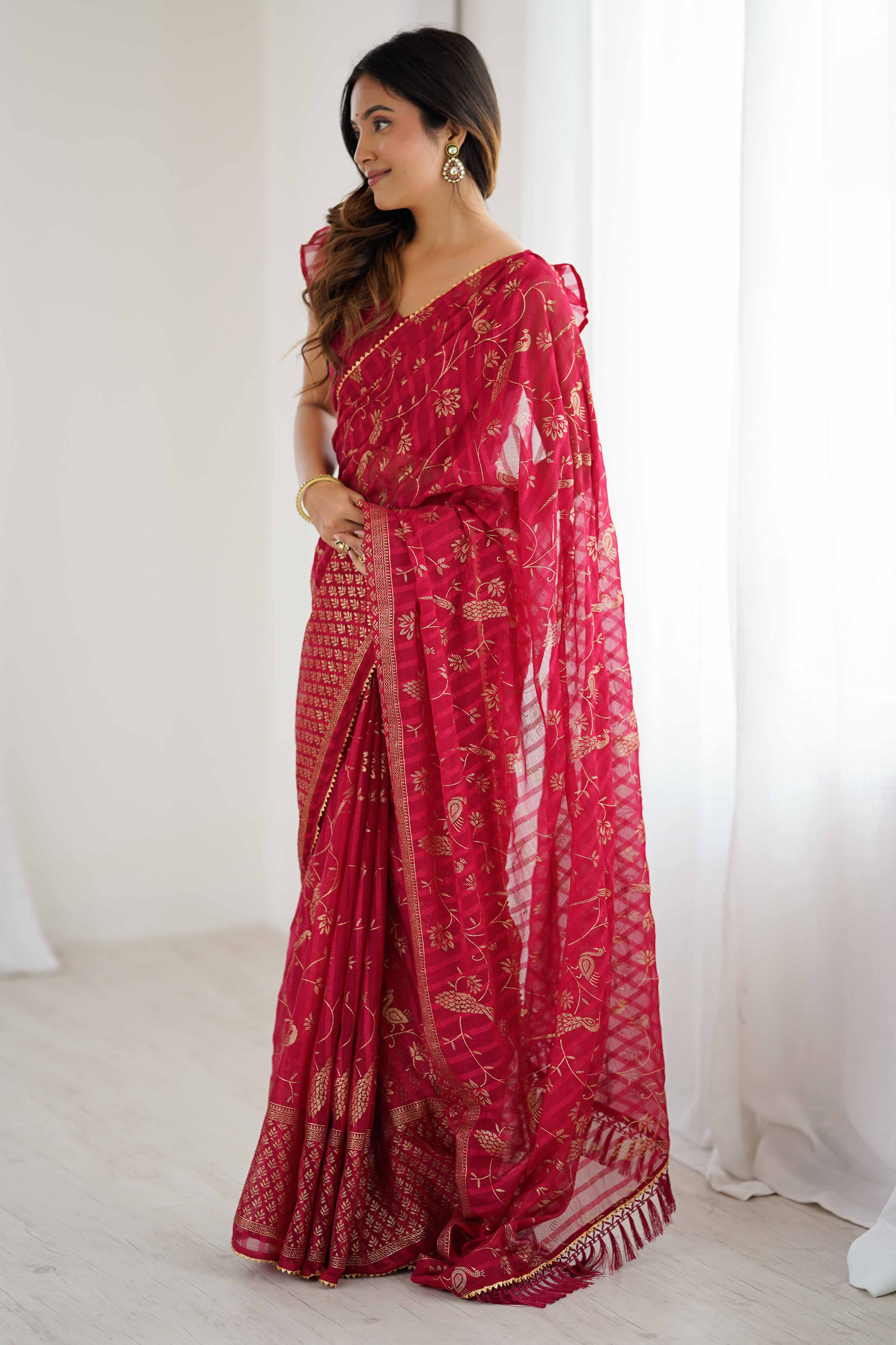 Pink Georgette Saree with Shimmering Foil Print & Gota Patti Border - Image 3