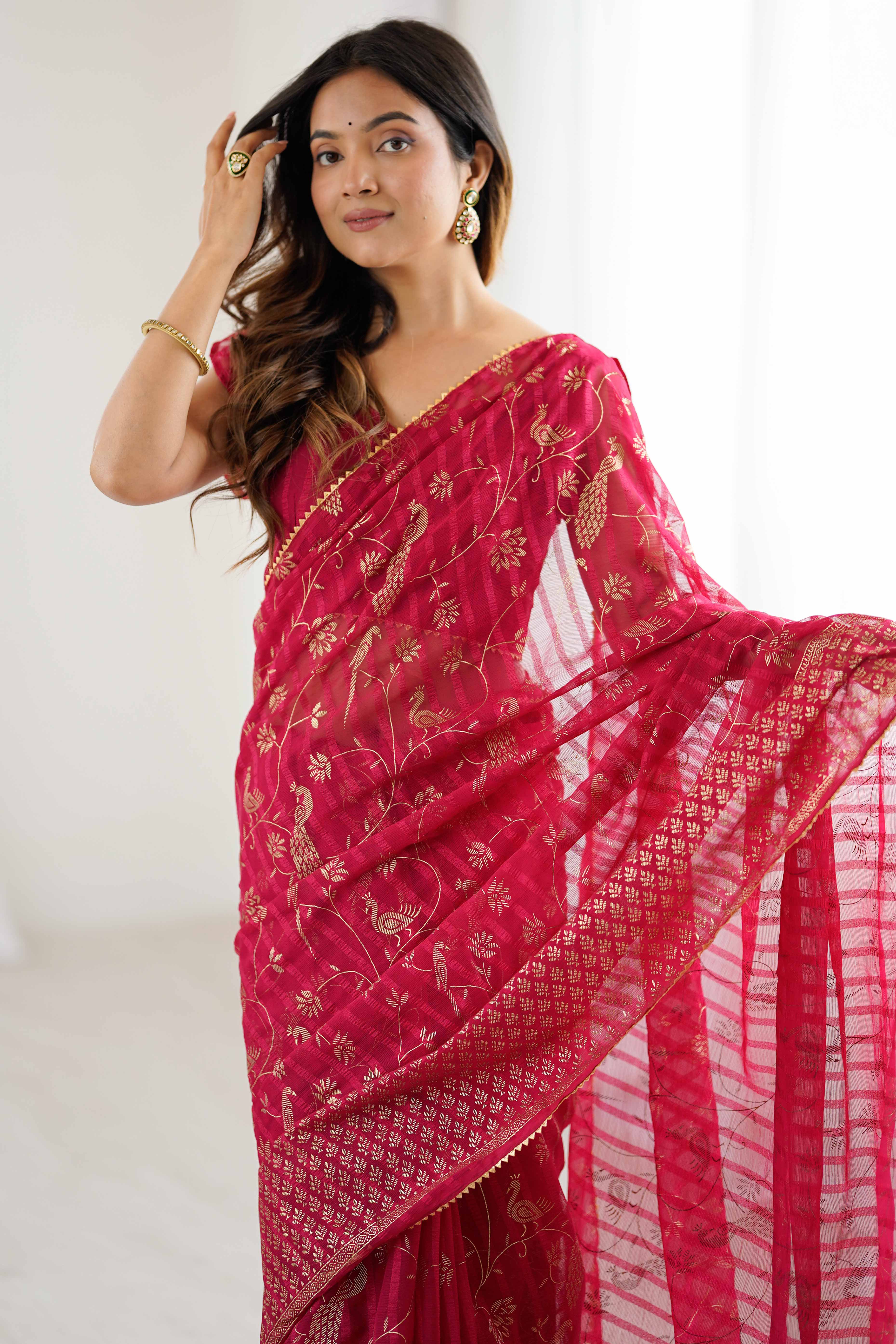 Pink Georgette Saree with Shimmering Foil Print & Gota Patti Border - Image 6