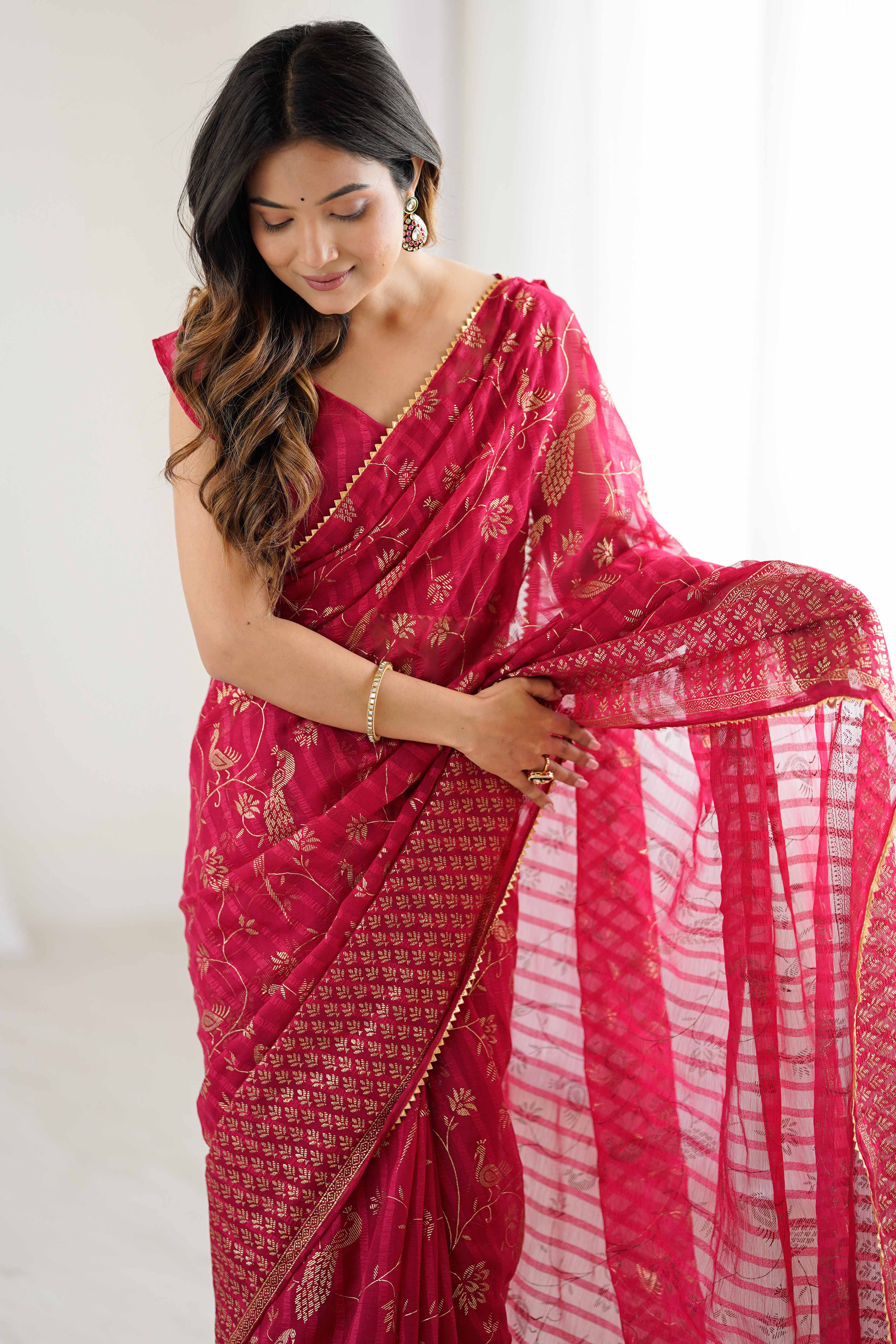 Pink Georgette Saree with Shimmering Foil Print & Gota Patti Border - Image 7