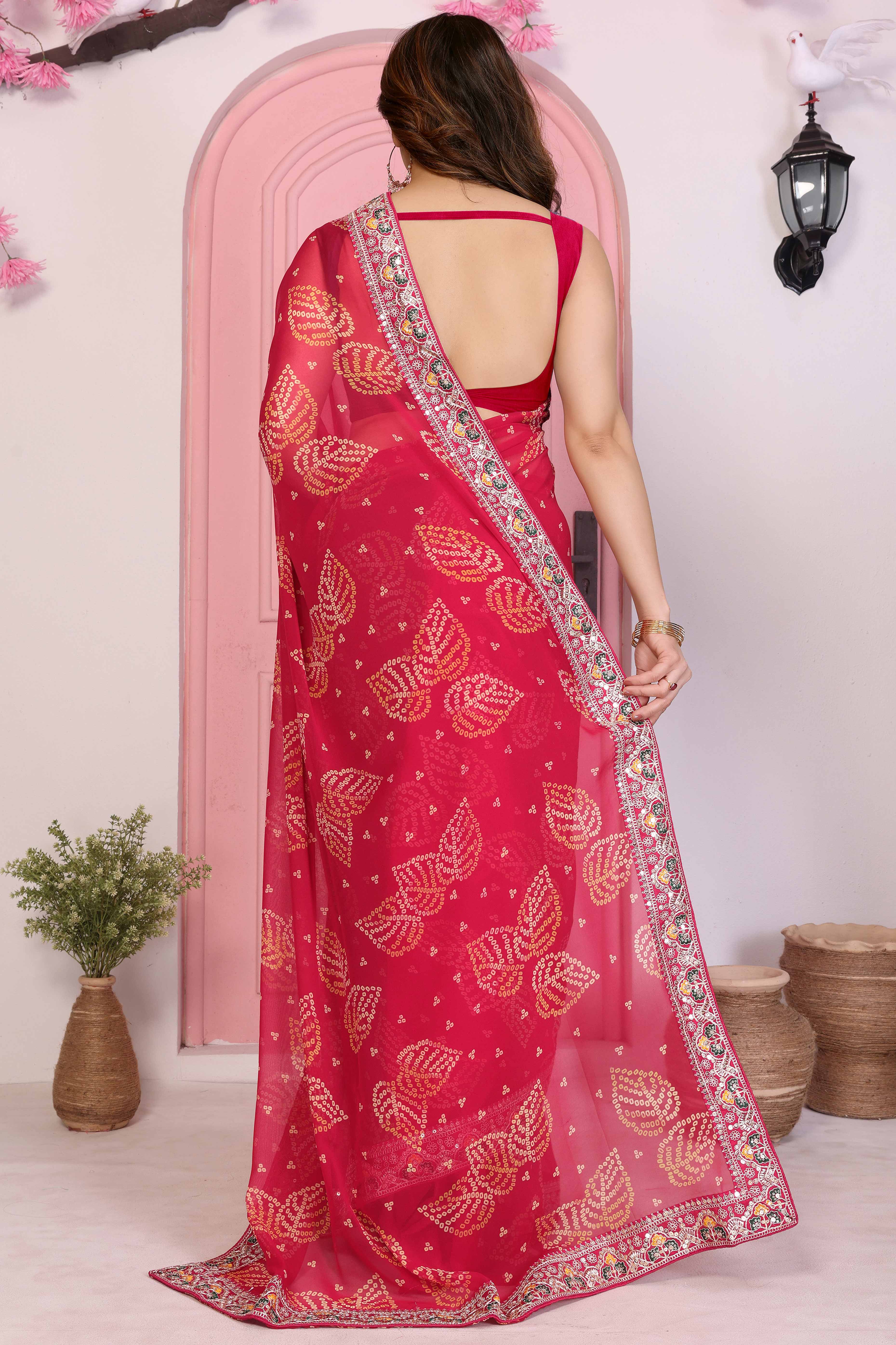 Pink Georgette Saree with Traditional Bandhani Print and Lace Accents - Image 4