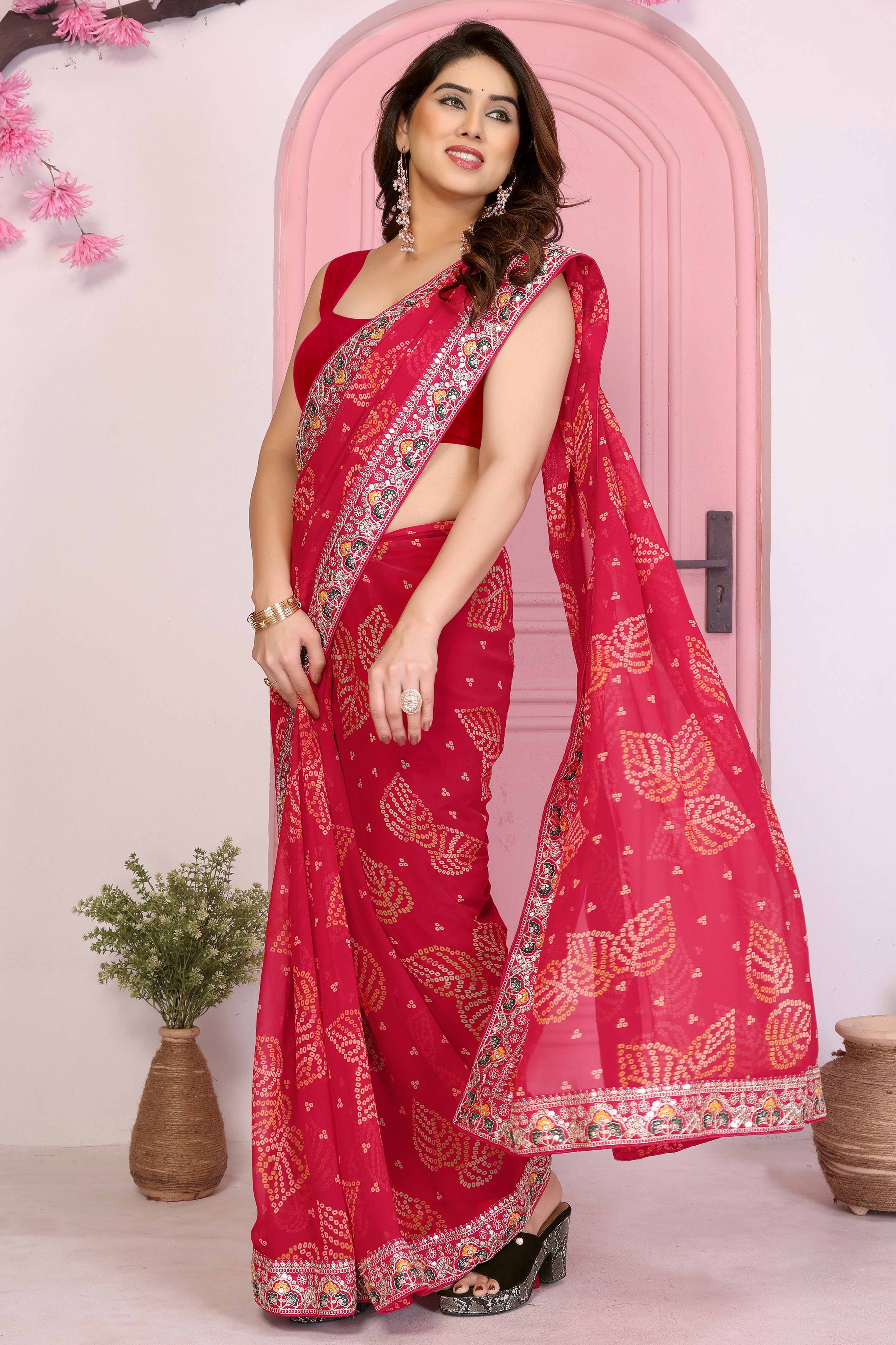 Pink Georgette Saree with Traditional Bandhani Print and Lace Accents - Image 5