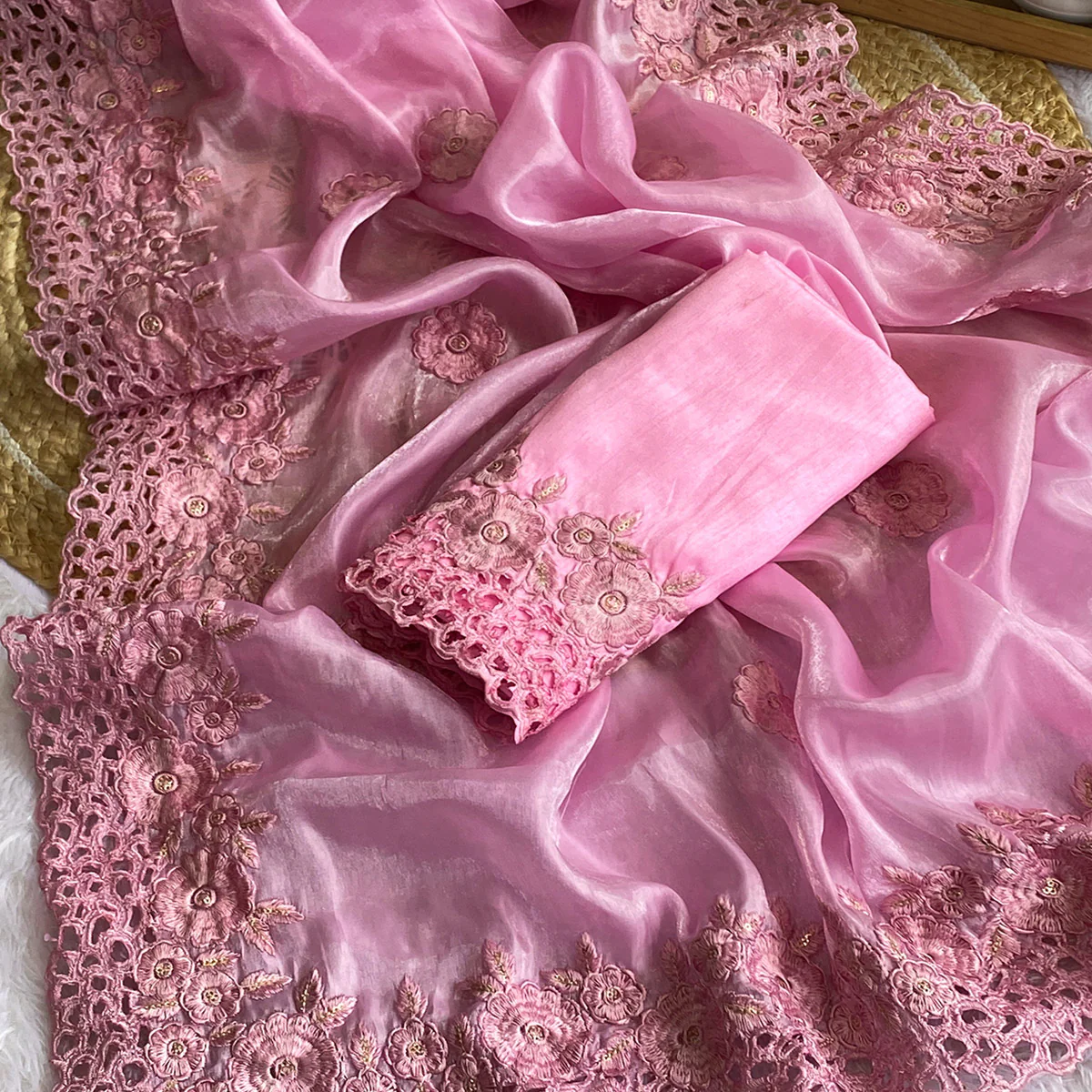 Pink Grace In Satin Jimmy Choo Fabric With Intricate Floral Thread Embroidery - Image 2